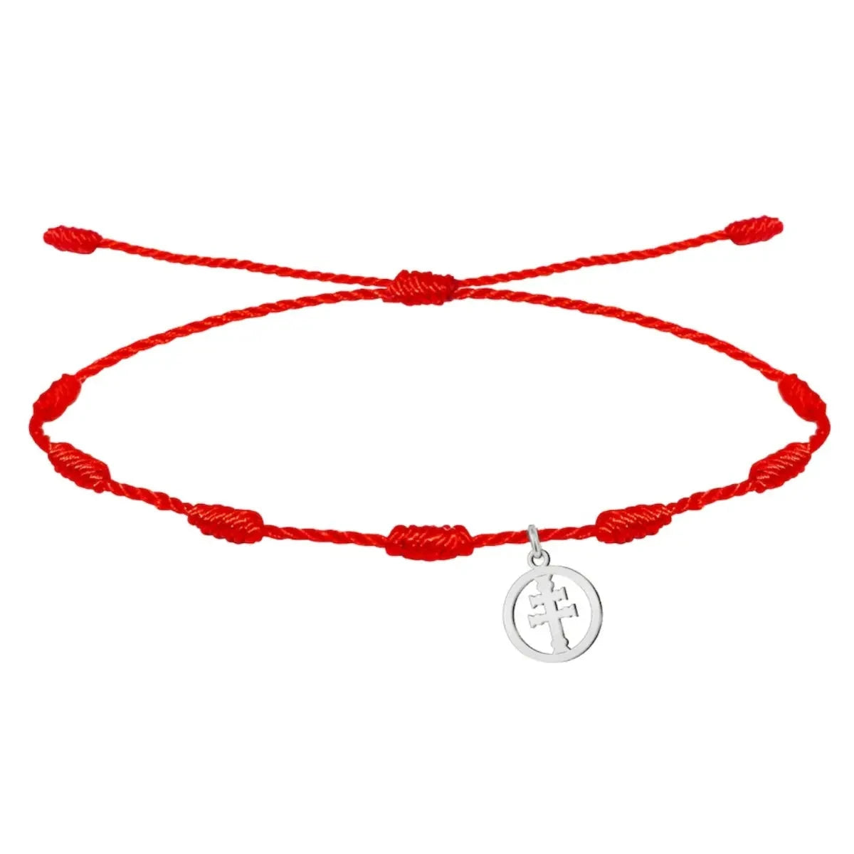 Pulsera 7 Nudos con Medalla de Cruz de Caravaca en Hilo Rojo Y Acero