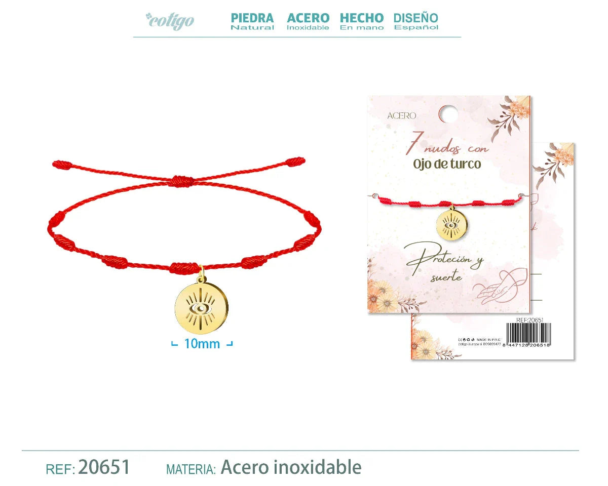 Pulsera roja de 7 nudos con colgante central de ojo turco dorado en acero inoxidable y cordón ajustable.