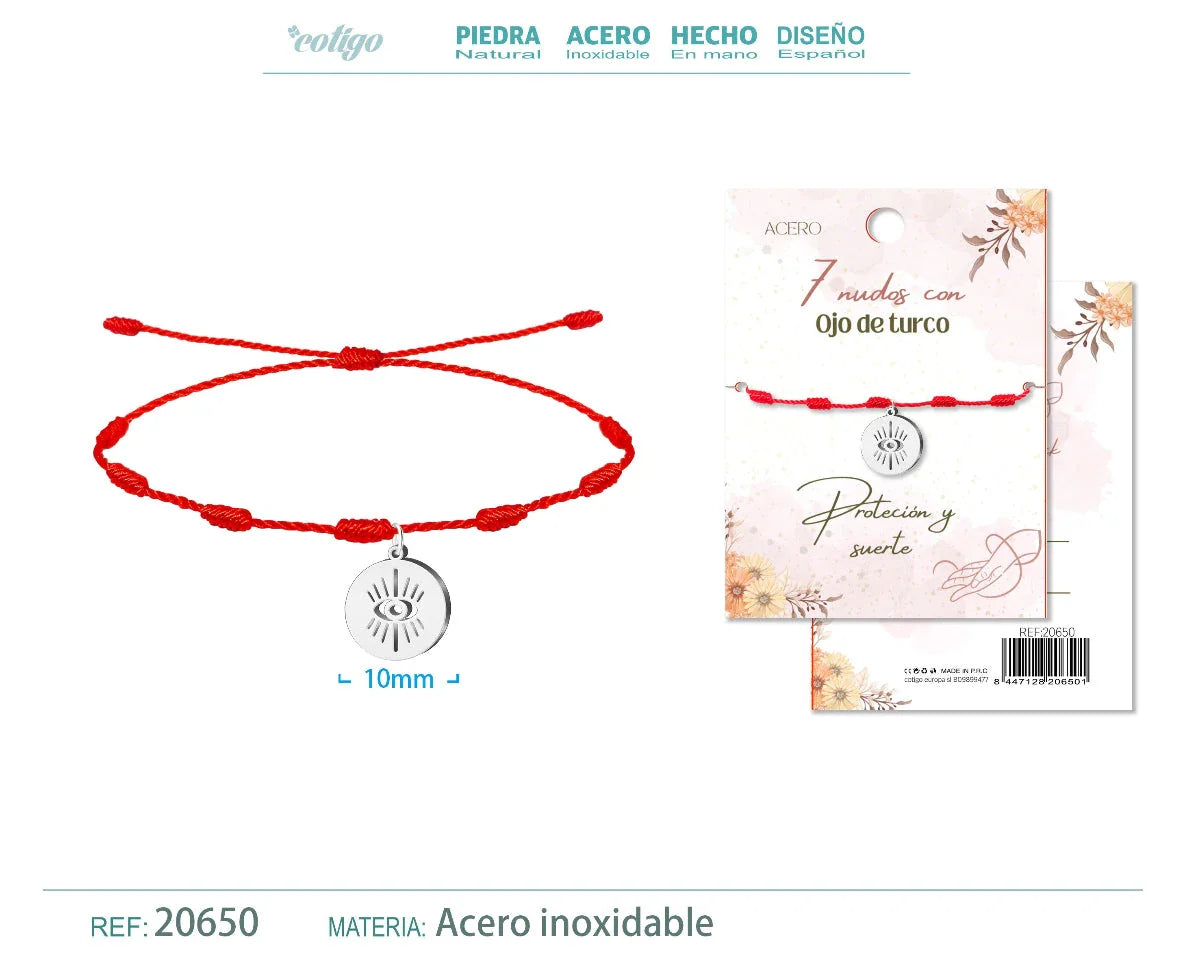 Pulsera roja de 7 nudos con colgante central de ojo turco plateado en acero inoxidable y cordón ajustable.