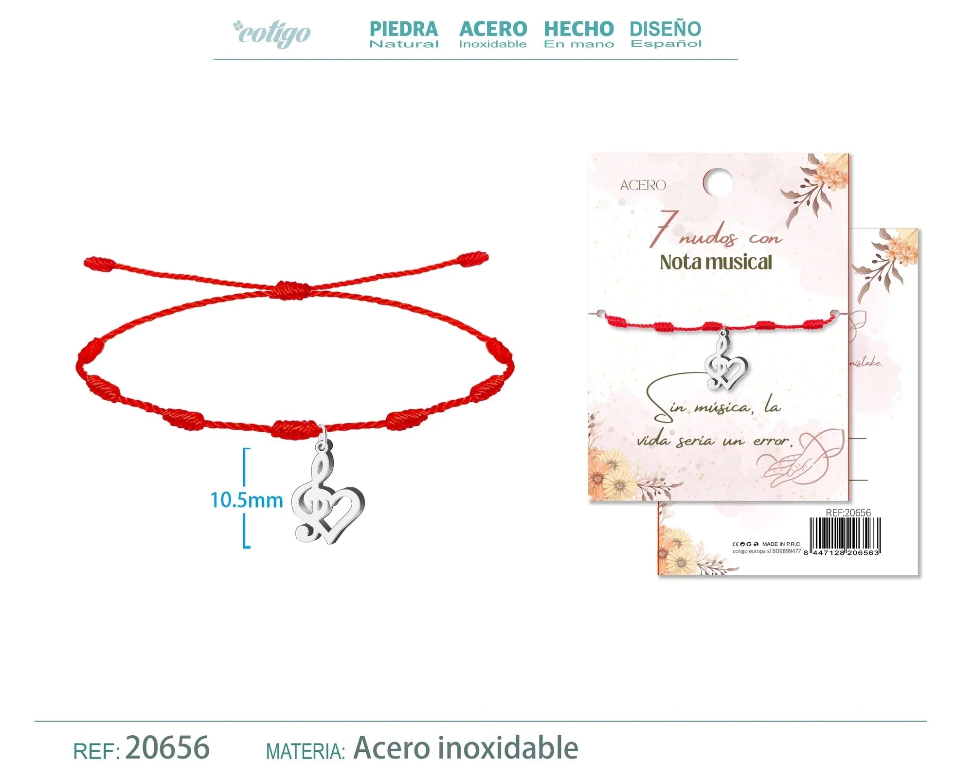 Pulsera 7 Nudos Nota Musical Acero Plateado