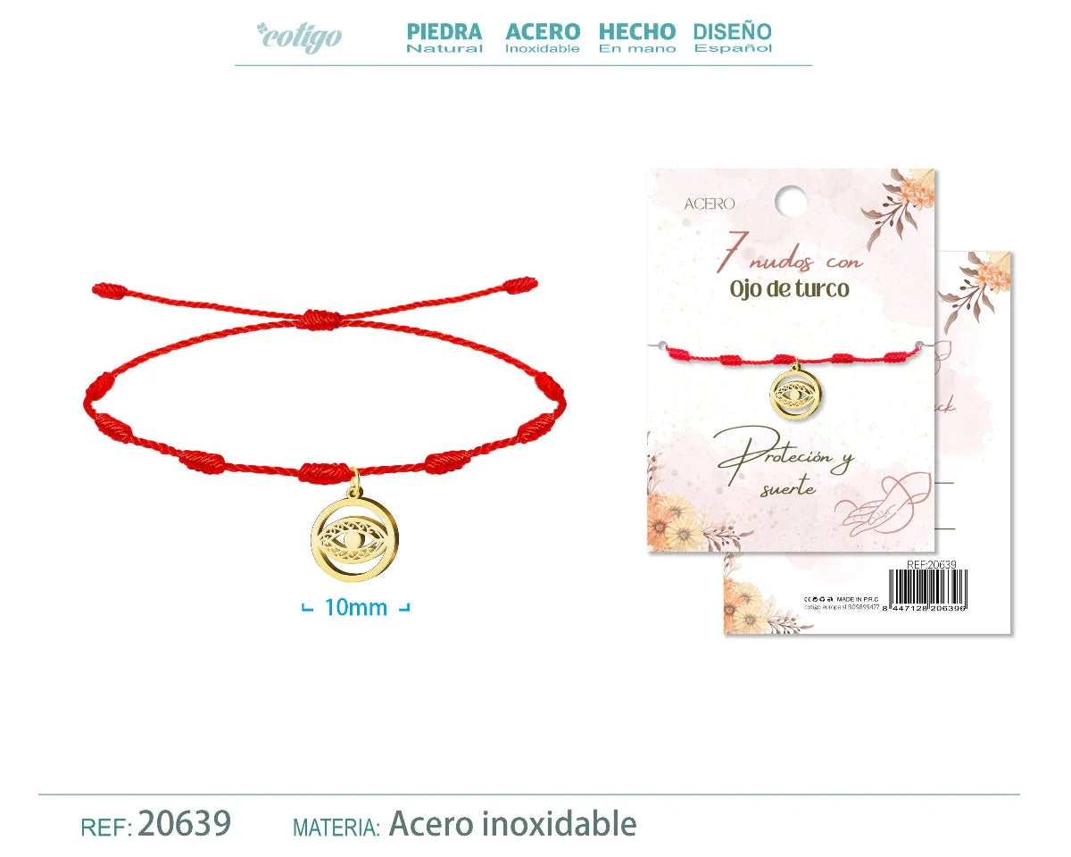 Pulsera roja de 7 nudos con colgante circular de ojo turco calado en acero inoxidable dorado y cordón ajustable.
