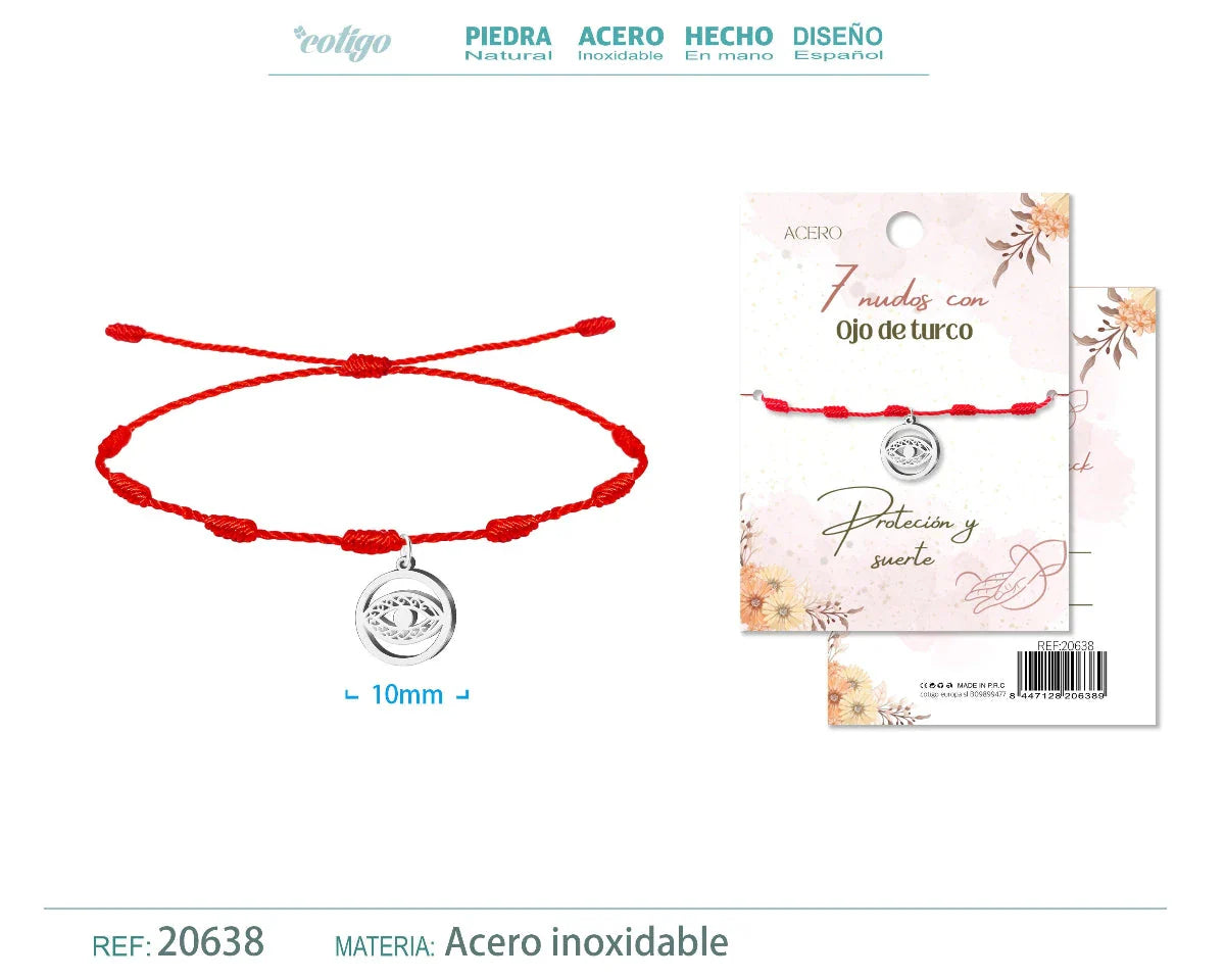 Pulsera roja de 7 nudos con colgante circular de ojo turco calado en acero inoxidable plateado y cordón ajustable.
