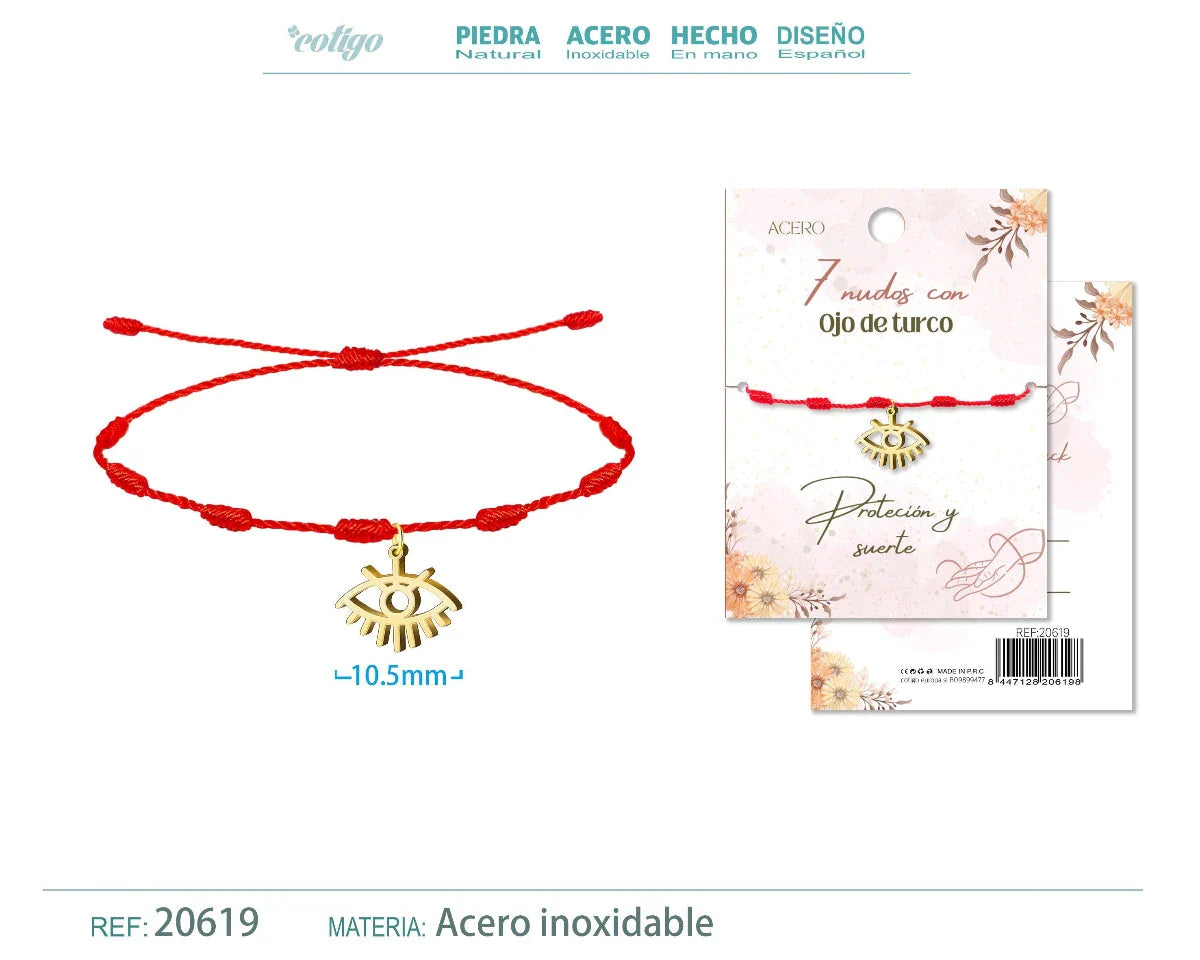 Pulsera roja de 7 nudos con colgante de ojo turco calado estilo pestañas en acero inoxidable dorado.