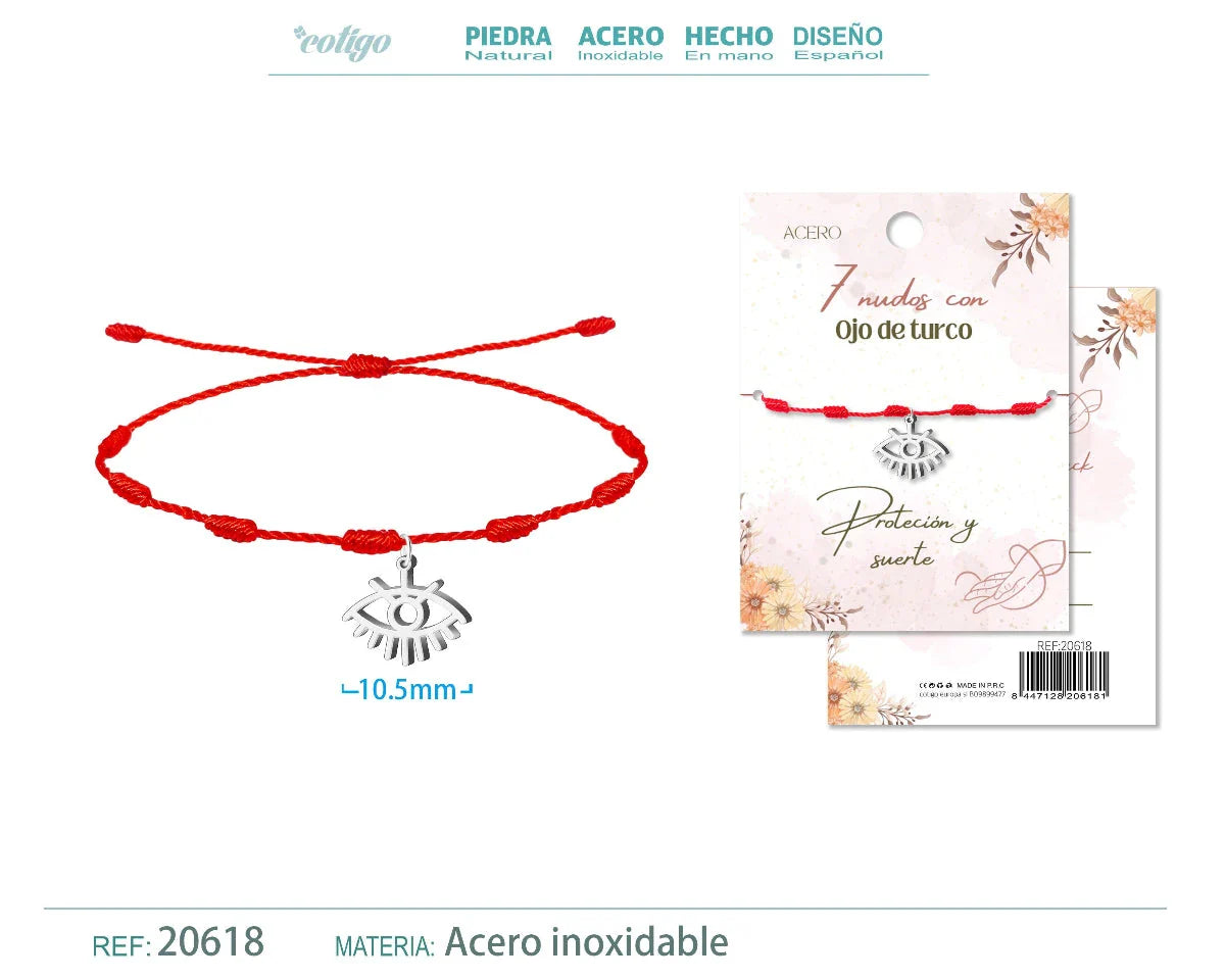 Pulsera roja de 7 nudos con colgante de ojo turco radiante calado en acero inoxidable plateado.