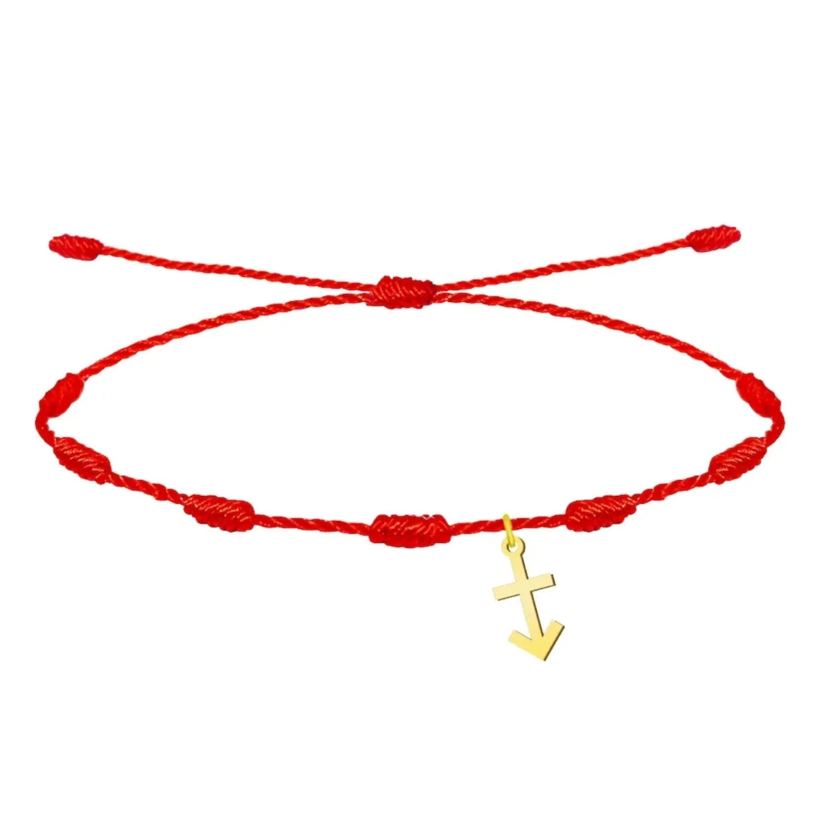Pulsera de hilo rojo con 7 nudos de la suerte y dije de Cruz contra el Mal en acero dorado ajustable.