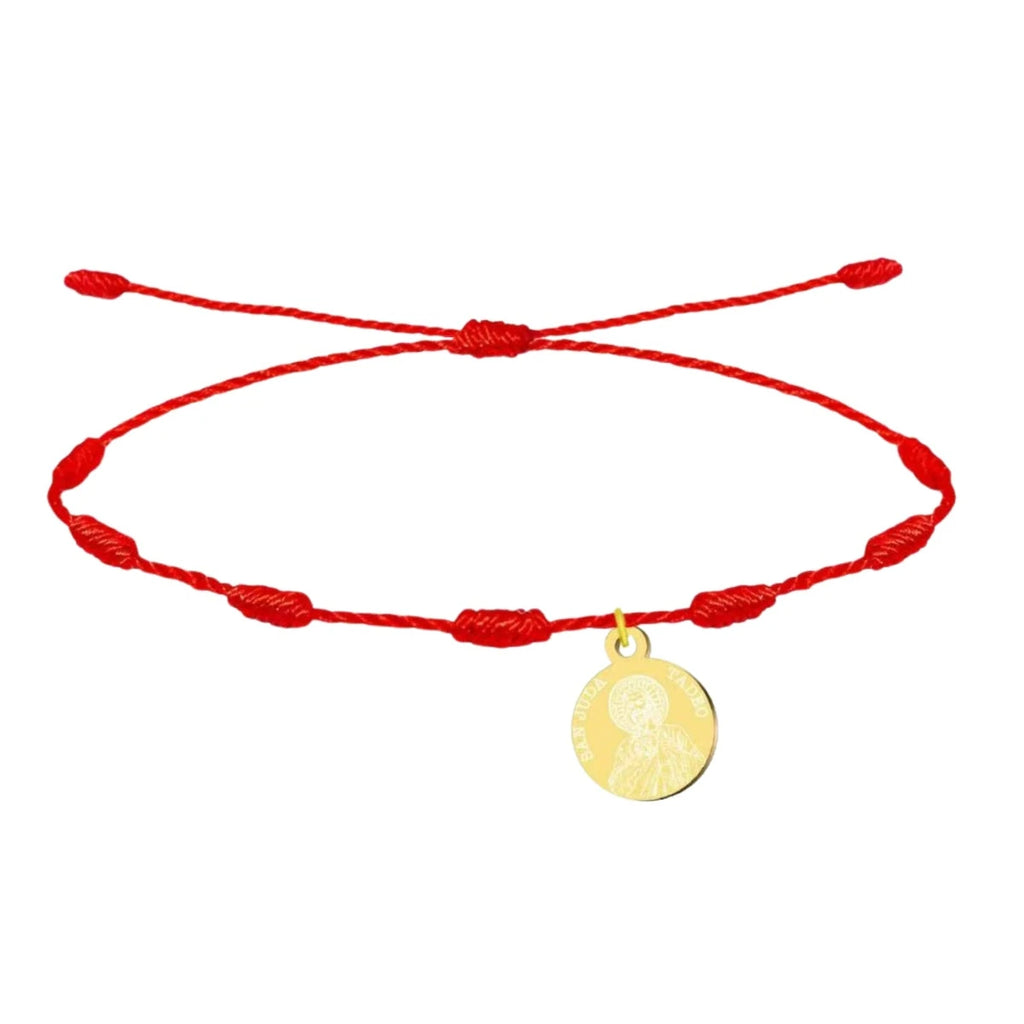 Pulsera de hilo rojo de 7 nudos con medalla dorada de San Judas Tadeo, amuleto de protección contra el mal de ojo.
