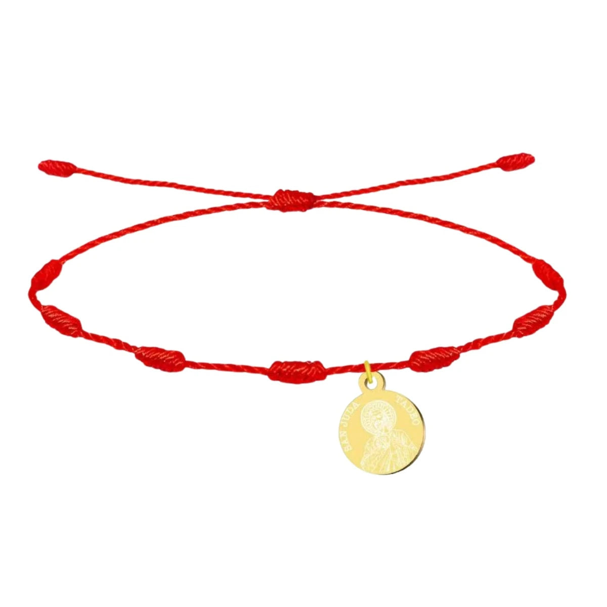 Pulsera de hilo rojo de 7 nudos con medalla dorada de San Judas Tadeo, amuleto de protección contra el mal de ojo.