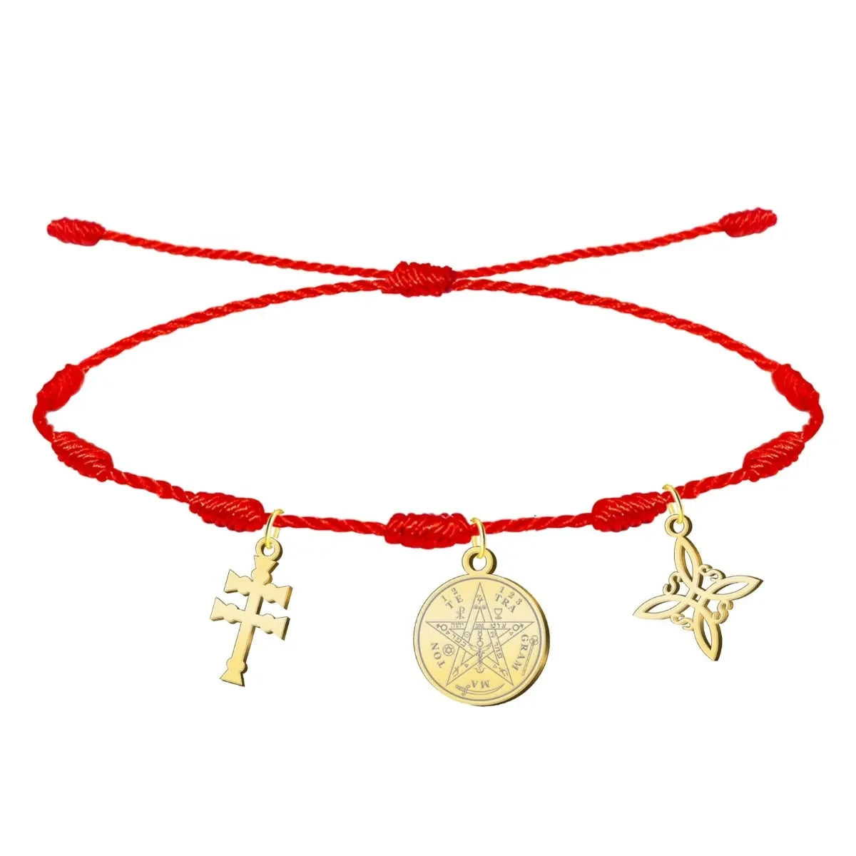 Pulsera 7 Nudos de Triple Protección: Nudo de Bruja, Tetragrámaton Y Cruz de Caravaca en Acero Dorado