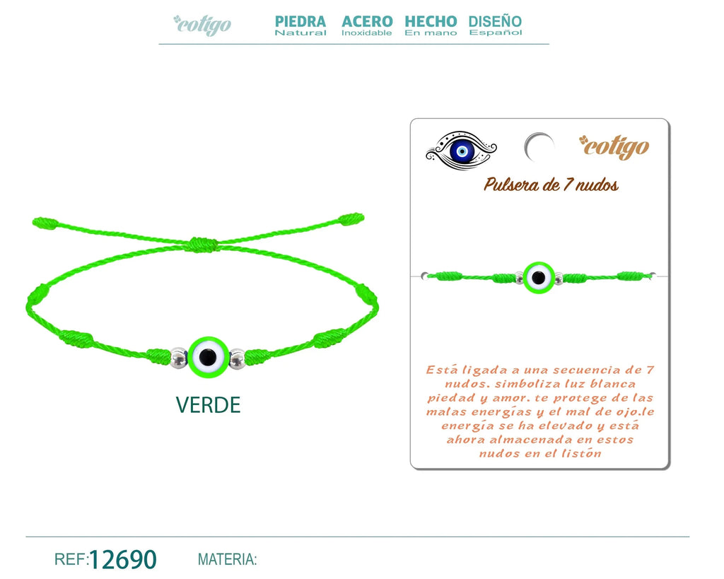 Pulsera de 7 Nudos Verde con Ojo Turco acabado