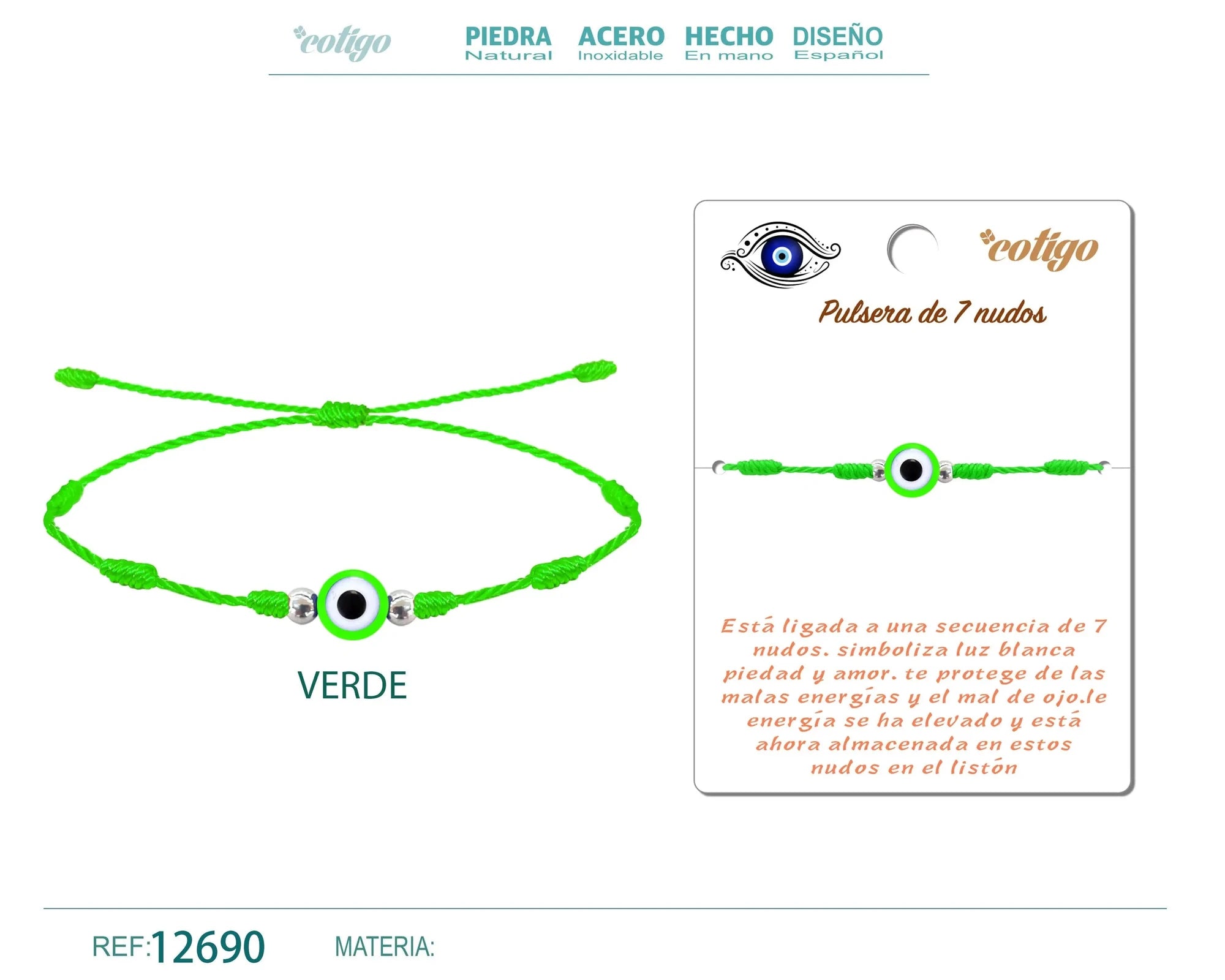 Pulsera de 7 Nudos Verde con Ojo Turco acabado