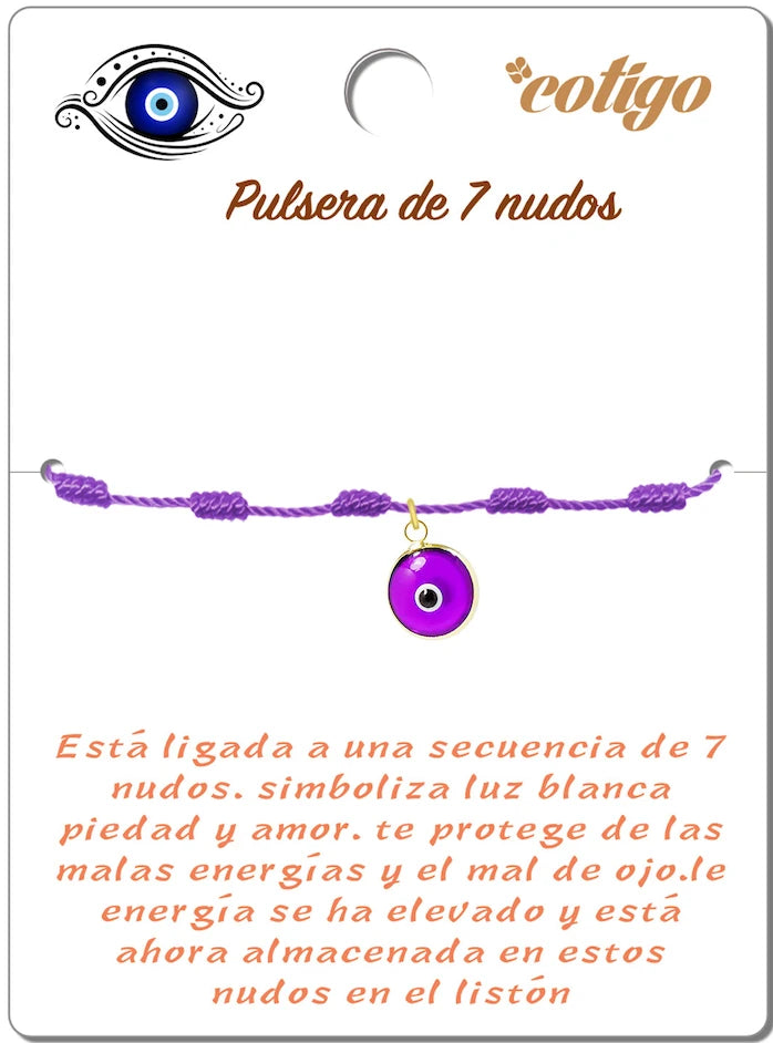 Pulsera de 7 Nudos Violeta con Colgante de Ojo Turco detalle