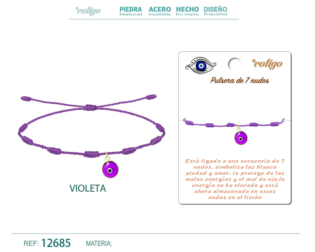 Pulsera de 7 Nudos Violeta con Colgante de Ojo Turco acabado