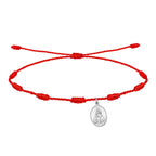 Pulsera de hilo rojo 7 nudos de protección con medalla ovalada de la Virgen de la Fuensanta en acero plateado