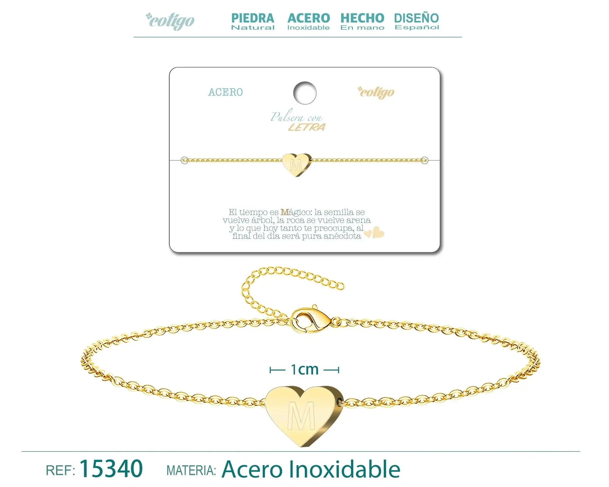 Pulsera Corazón con Letra Inicial en Acero - Dorado - Letra M - SKU 15340