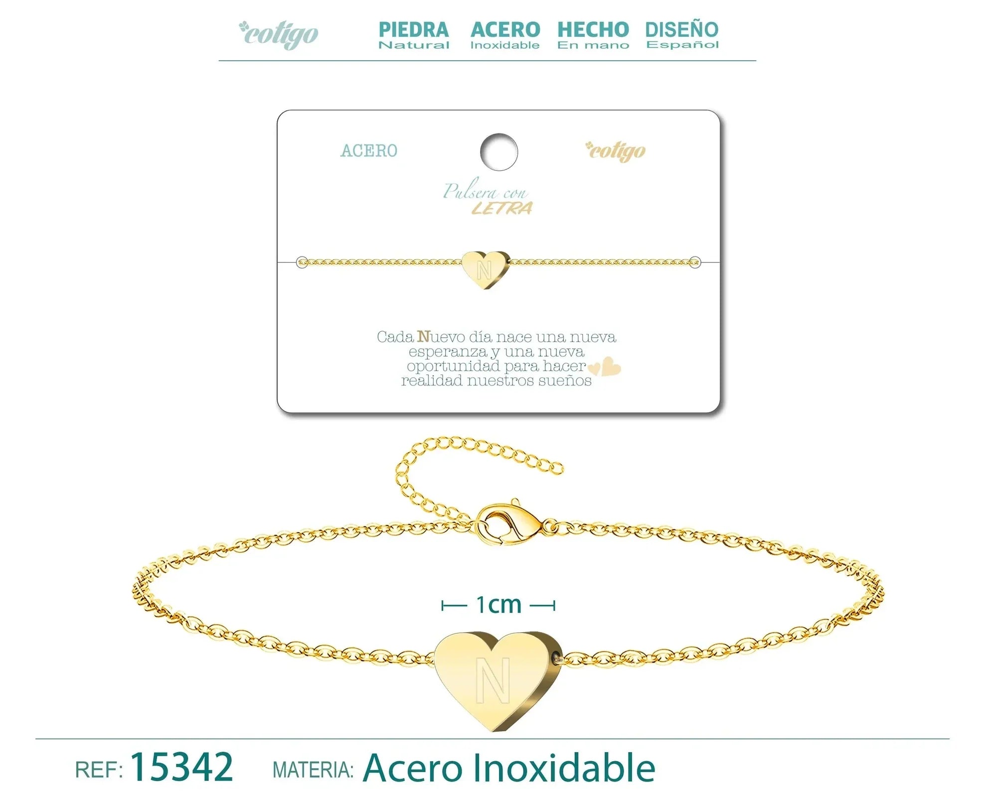 Pulsera Corazón con Letra Inicial en Acero - Dorado - Letra N - SKU 15342