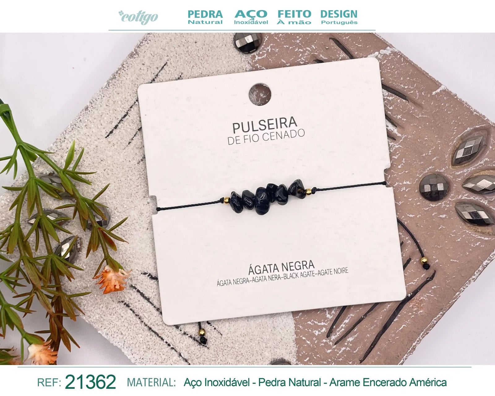 Pulsera de Ágata Negra en Bruto con Hilo Encerado acabado