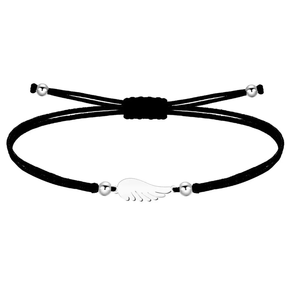 Pulsera Ala de Ángel Hilo Negro Acero Plateado