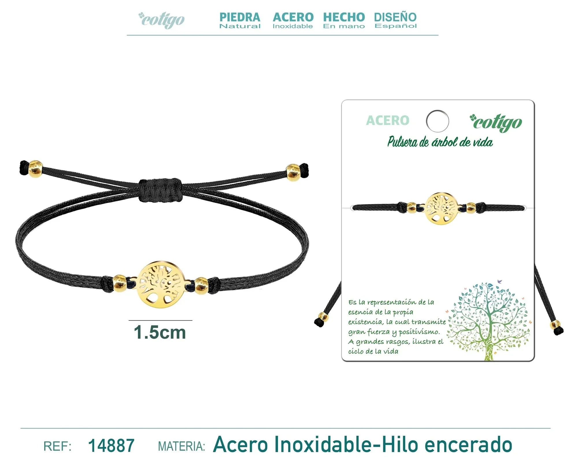 Pulsera Árbol de Vida Hilo Negro Acero Dorado