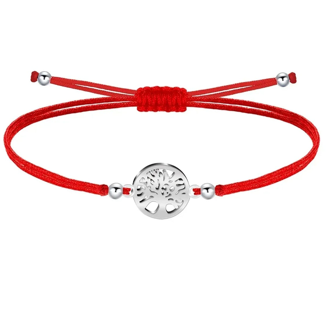 Pulsera Árbol de Vida Hilo Rojo Acero Plateado