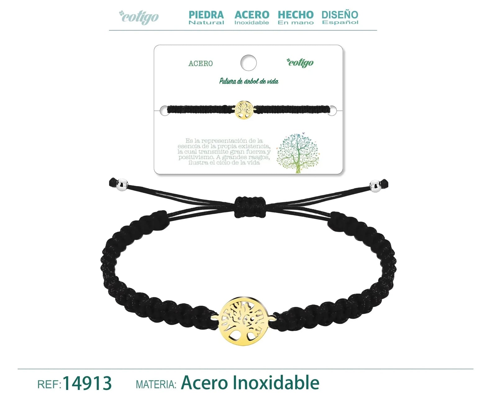 Pulsera Árbol de Vida Hilo Trenzado Negro Acero Dorado