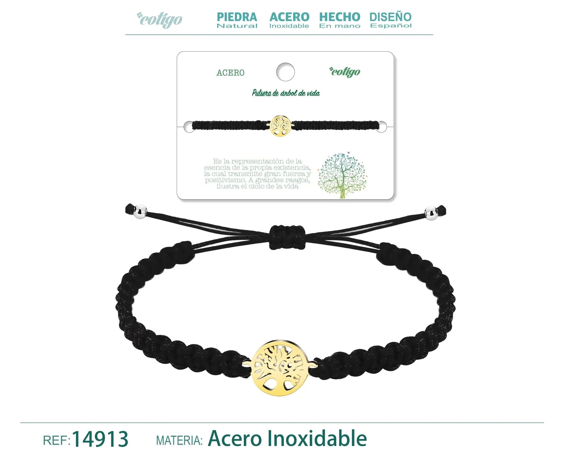 Pulsera Árbol de Vida Hilo Trenzado Negro Acero Dorado