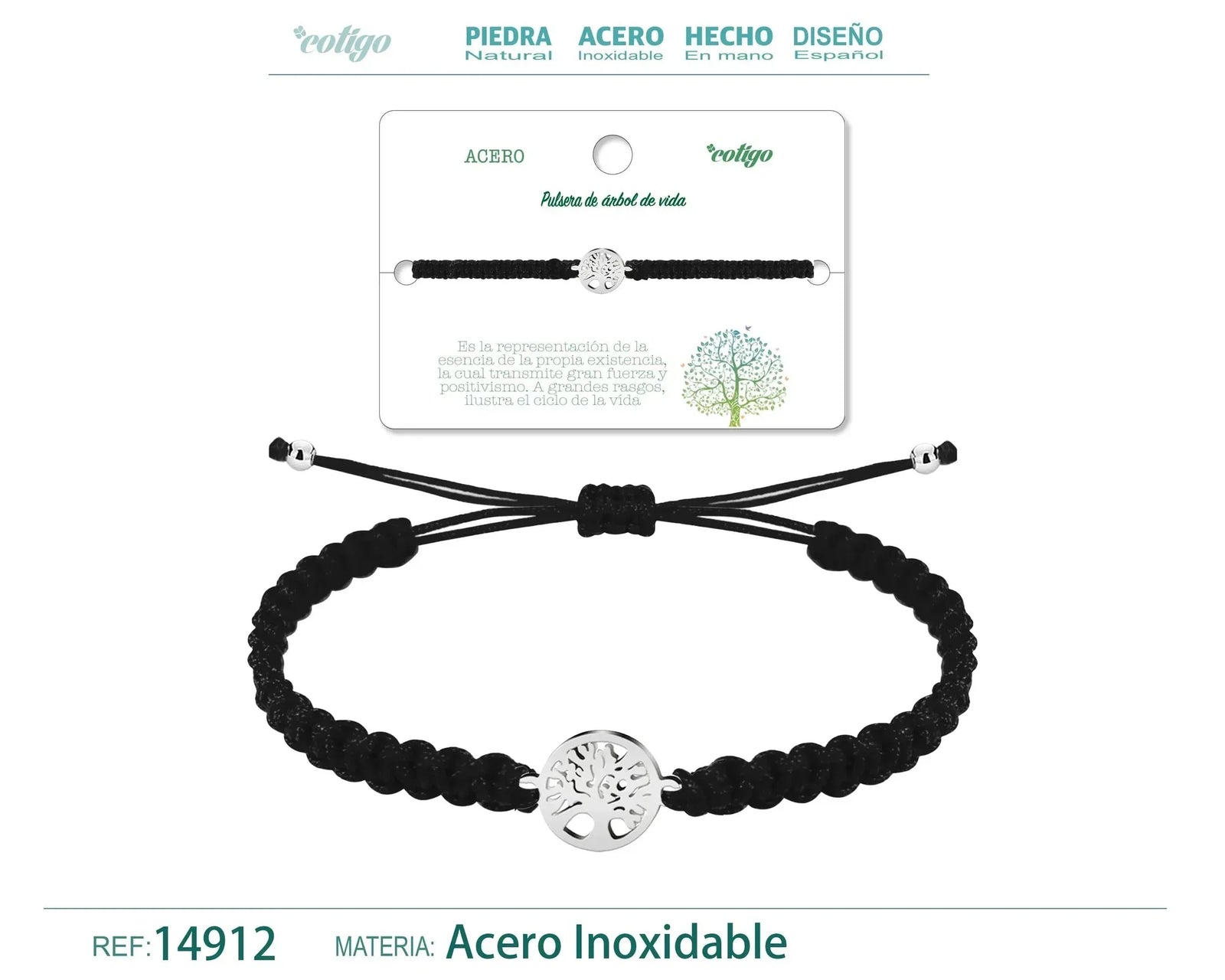 Pulsera Árbol de Vida Hilo Trenzado Negro Acero Plateado