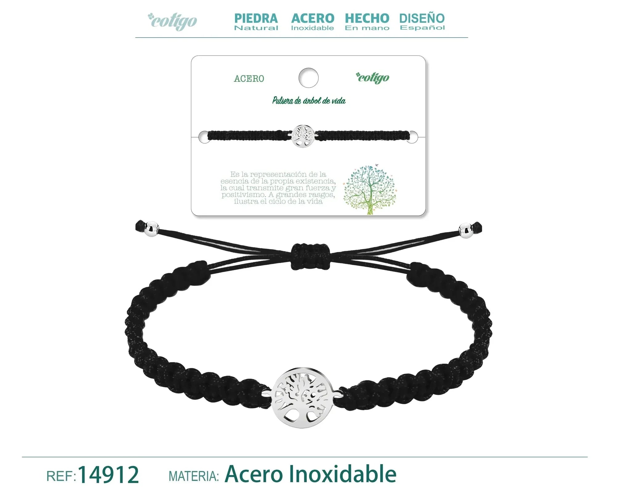 Pulsera Árbol de Vida Hilo Trenzado Negro Acero Plateado