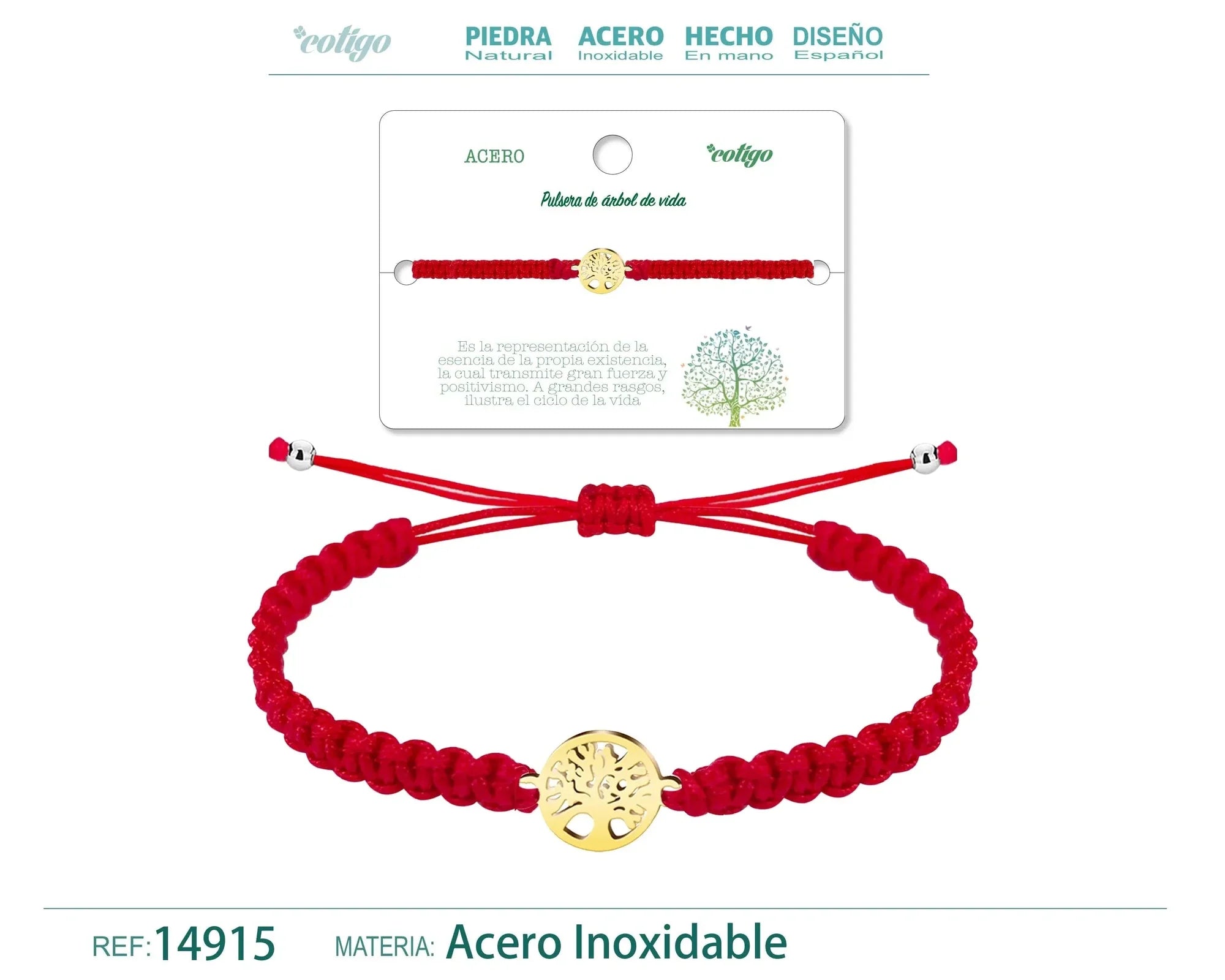 Pulsera Árbol de Vida Hilo Trenzado Rojo Acero Dorado