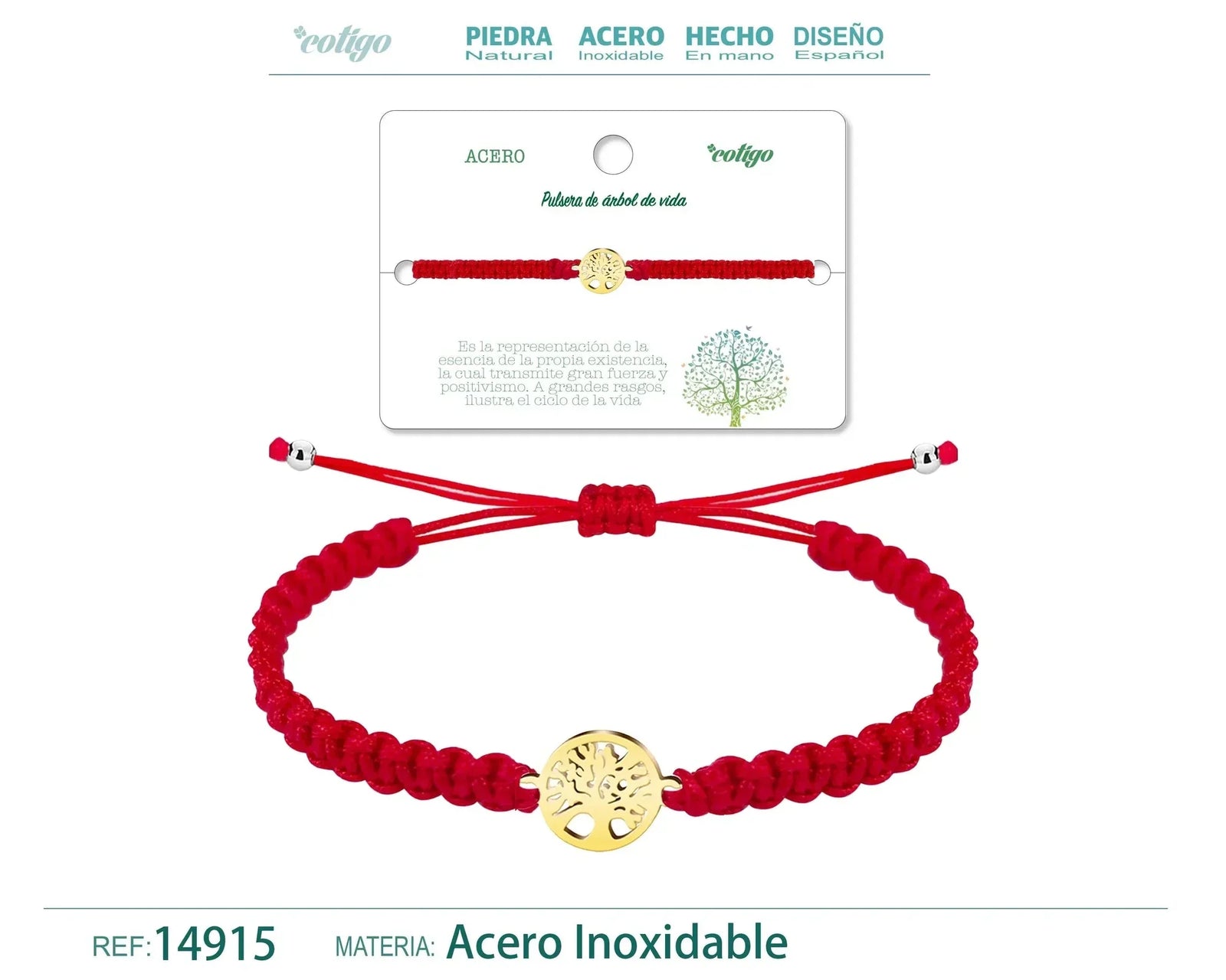 Pulsera Árbol de Vida Hilo Trenzado Rojo Acero Dorado