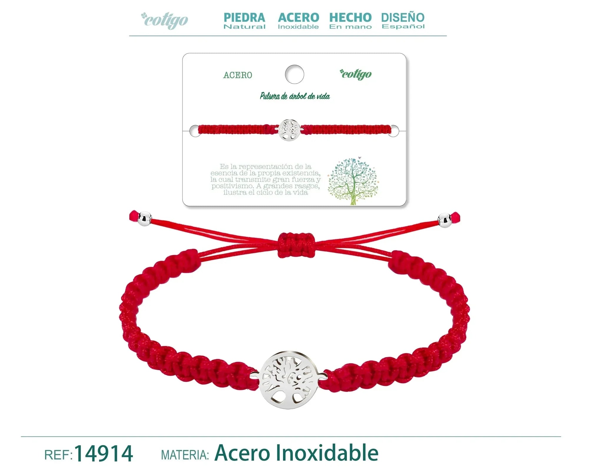 Pulsera Árbol de Vida Hilo Trenzado Rojo Acero Plateado