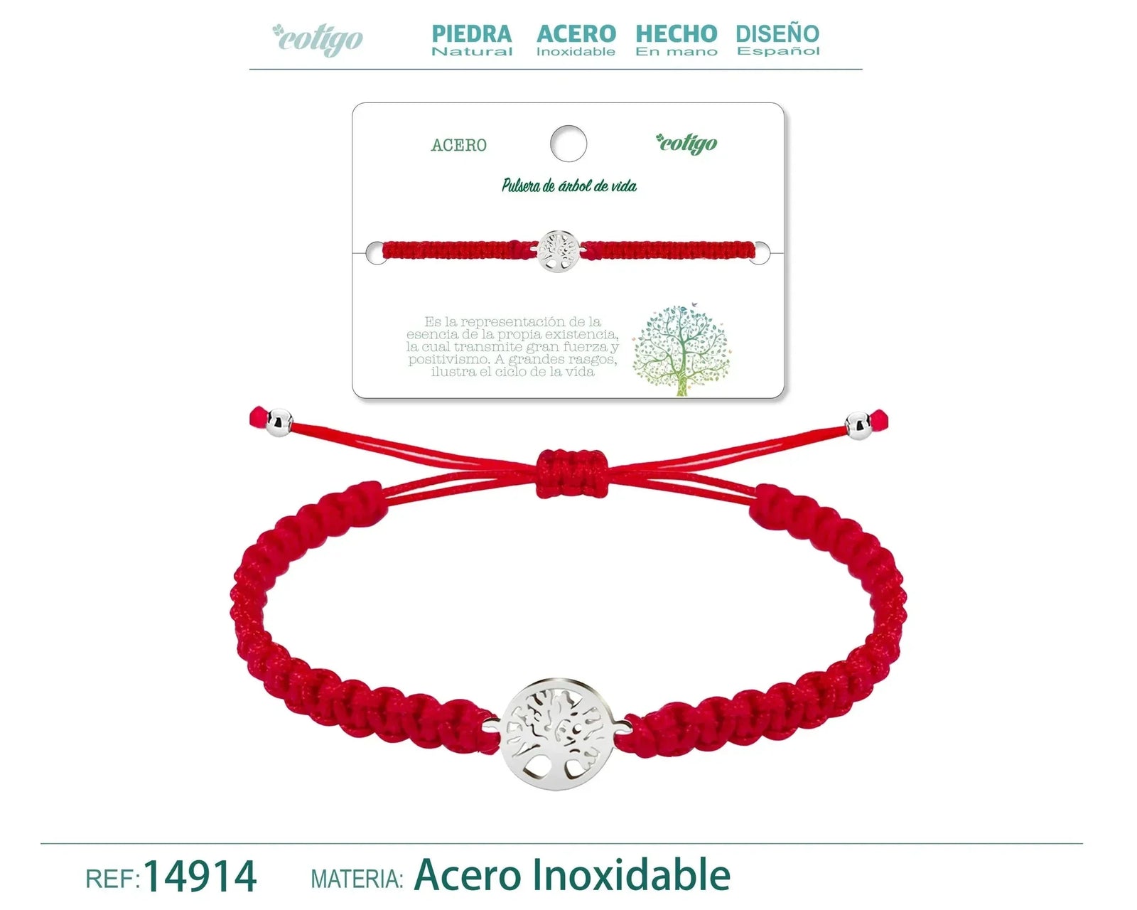 Pulsera Árbol de Vida Hilo Trenzado Rojo Acero Plateado