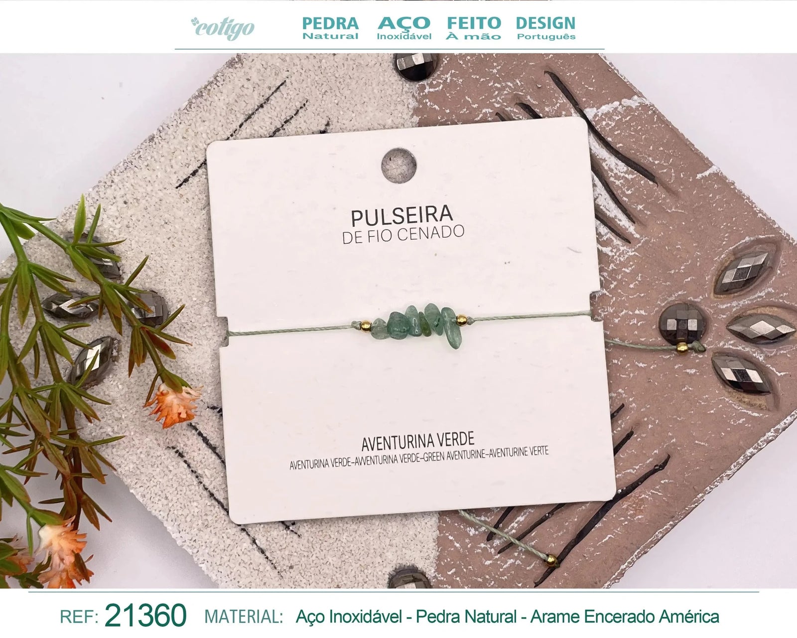 Pulsera de Aventurina Verde en Bruto con Hilo Encerado acabado