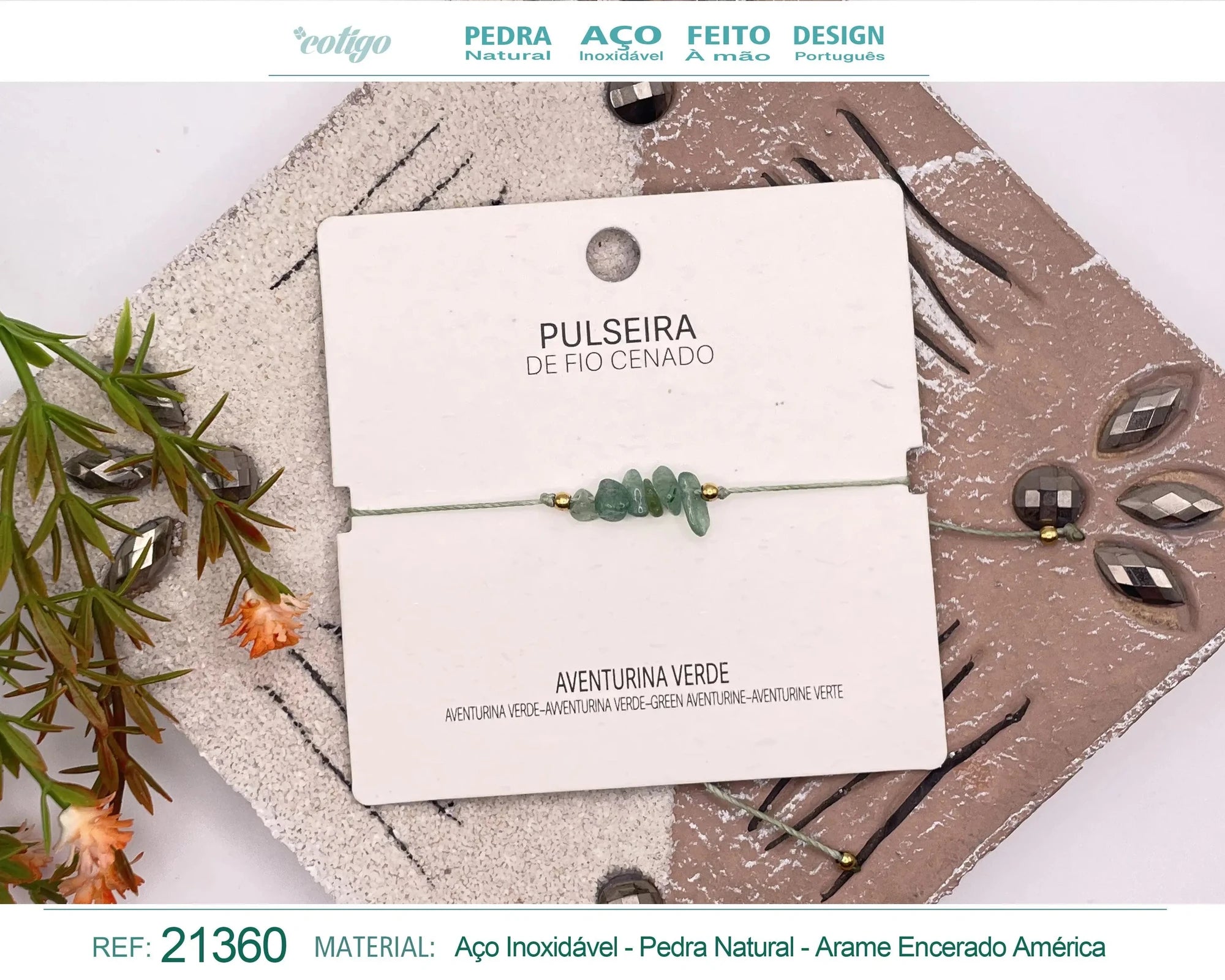 Pulsera de Aventurina Verde en Bruto con Hilo Encerado acabado
