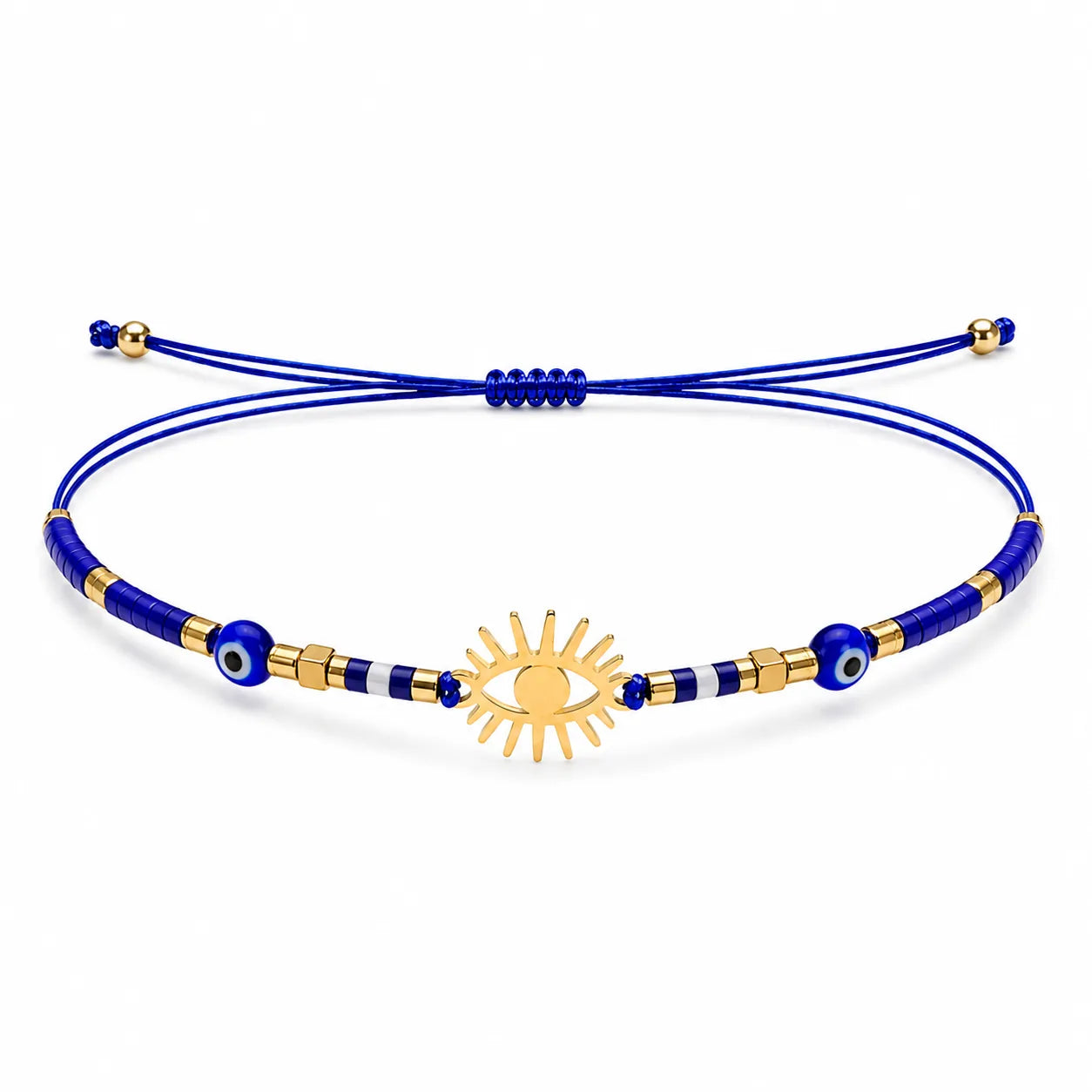 Pulsera azul con ojo turco y sol cotigo
