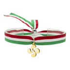 Pulsera de tela con bandera Ikurriña y charm de Lauburu dorado en acero inoxidable
