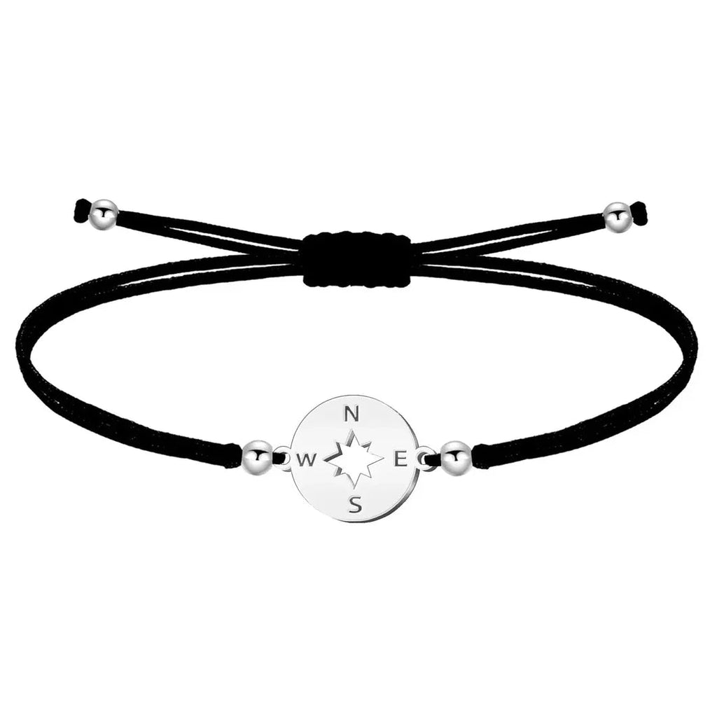 Pulsera Brújula Hilo Negro Acero Plateado