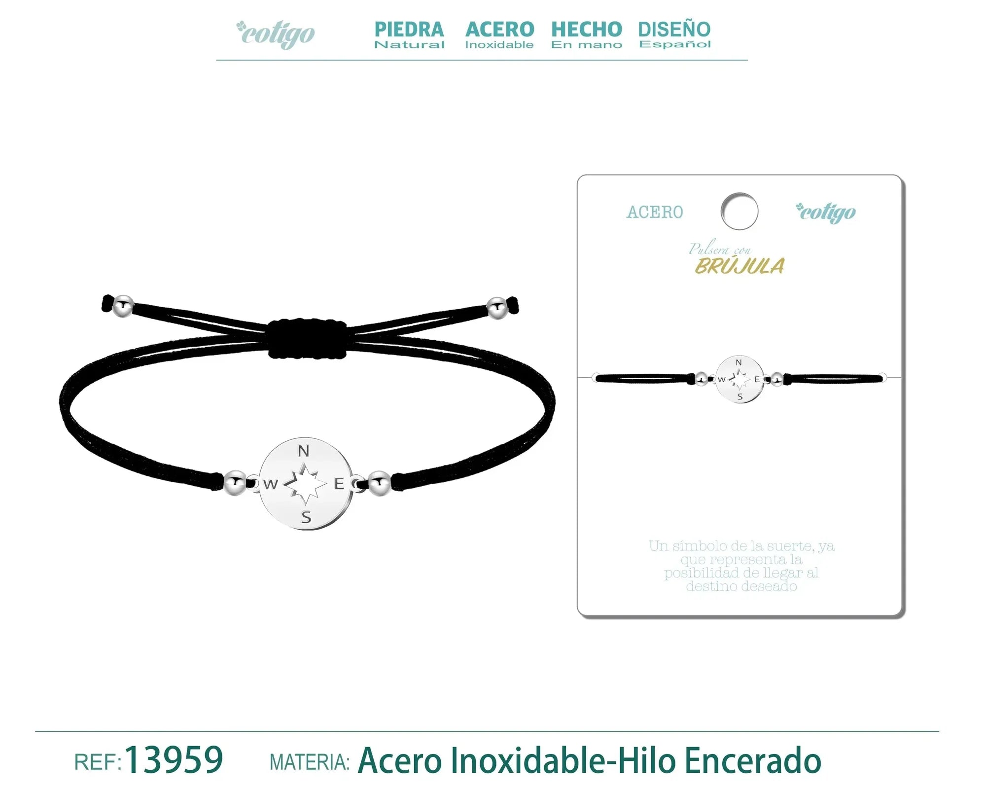 Pulsera Brújula Hilo Negro Acero Plateado