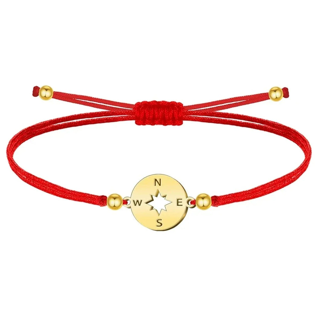 Pulsera Brújula Hilo Rojo Acero Dorado