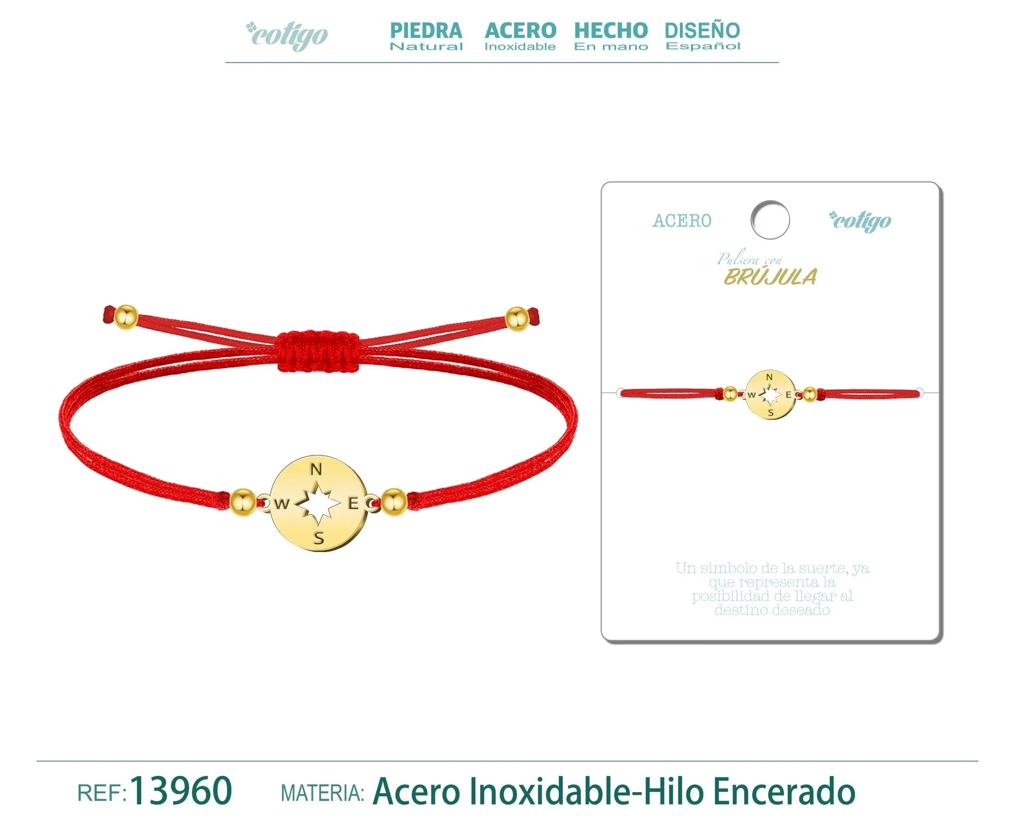Pulsera Brújula Hilo Rojo Acero Dorado