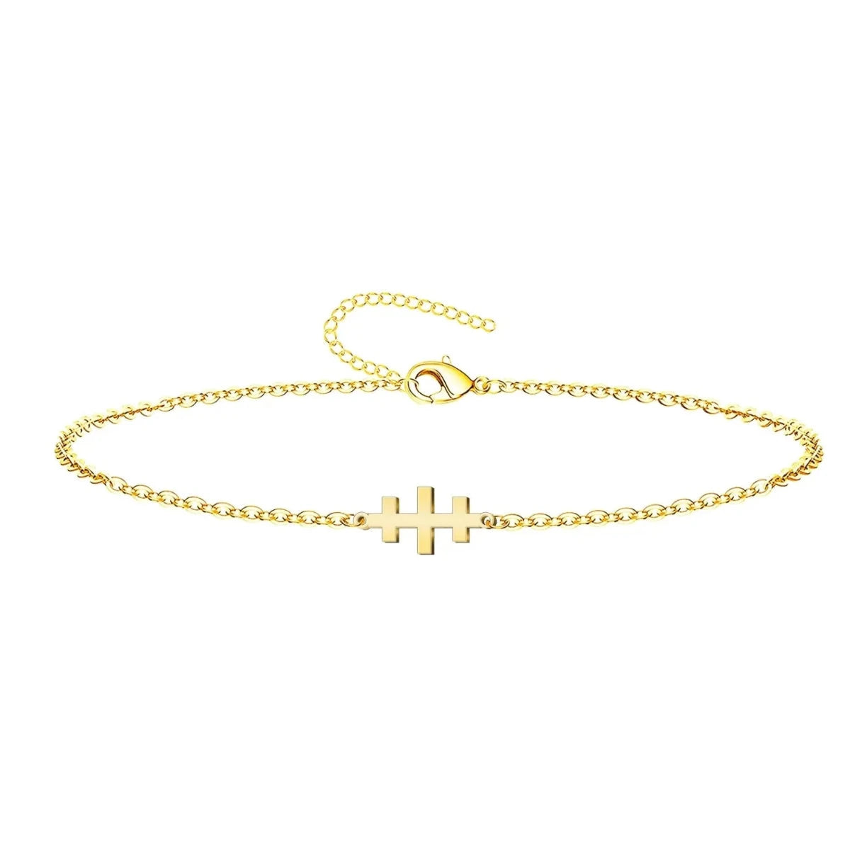 Pulsera de cadena fina en acero inoxidable dorado con Cruz de las Catacumbas horizontal y cierre de mosquetón ajustable.