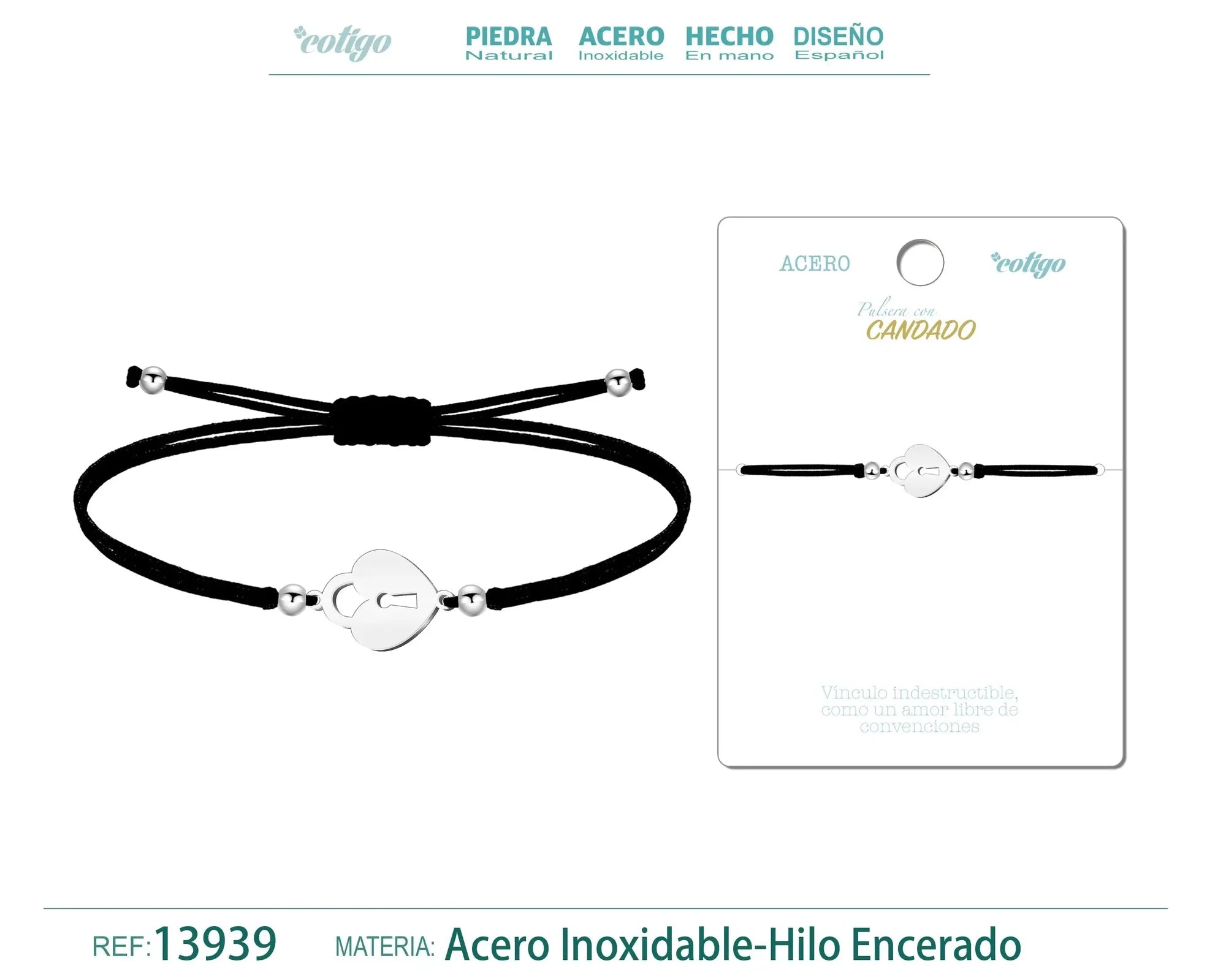 Pulsera Candado Hilo Negro Acero Plateado
