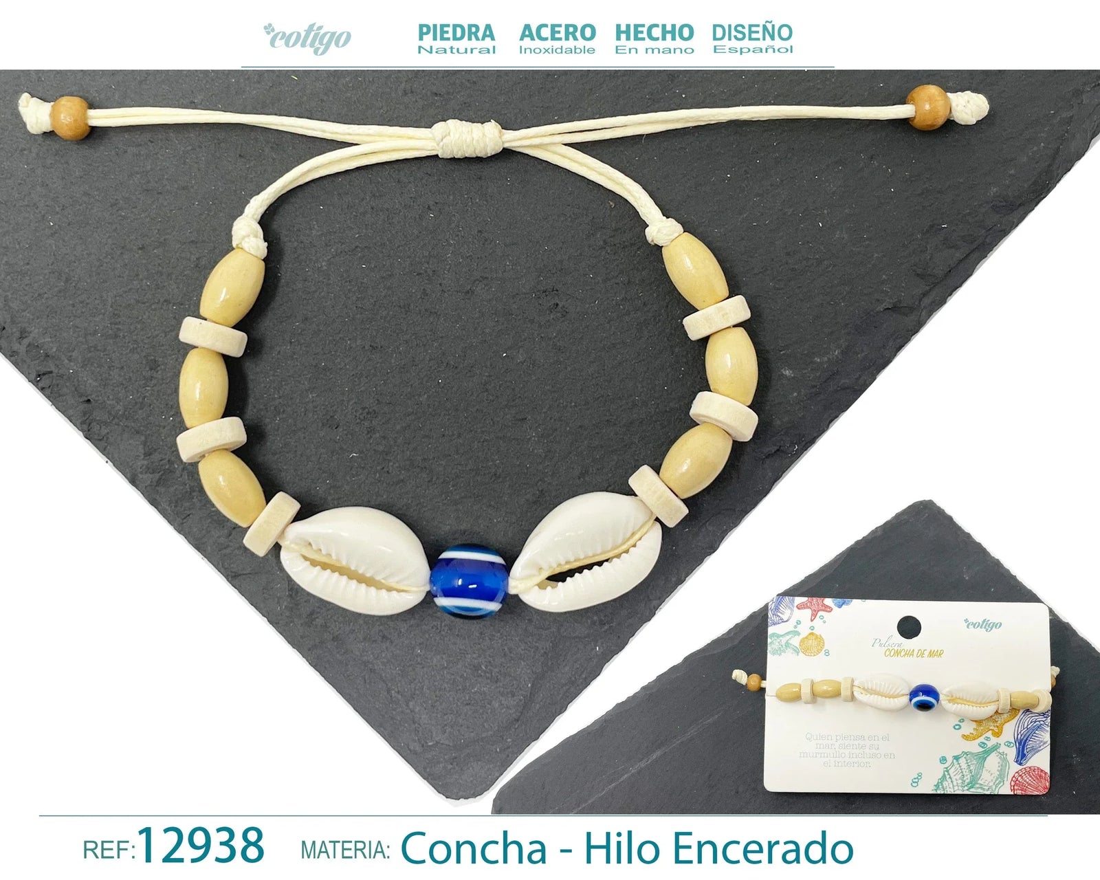 Pulsera Concha Hilo Encerado Beige Ojo Azul