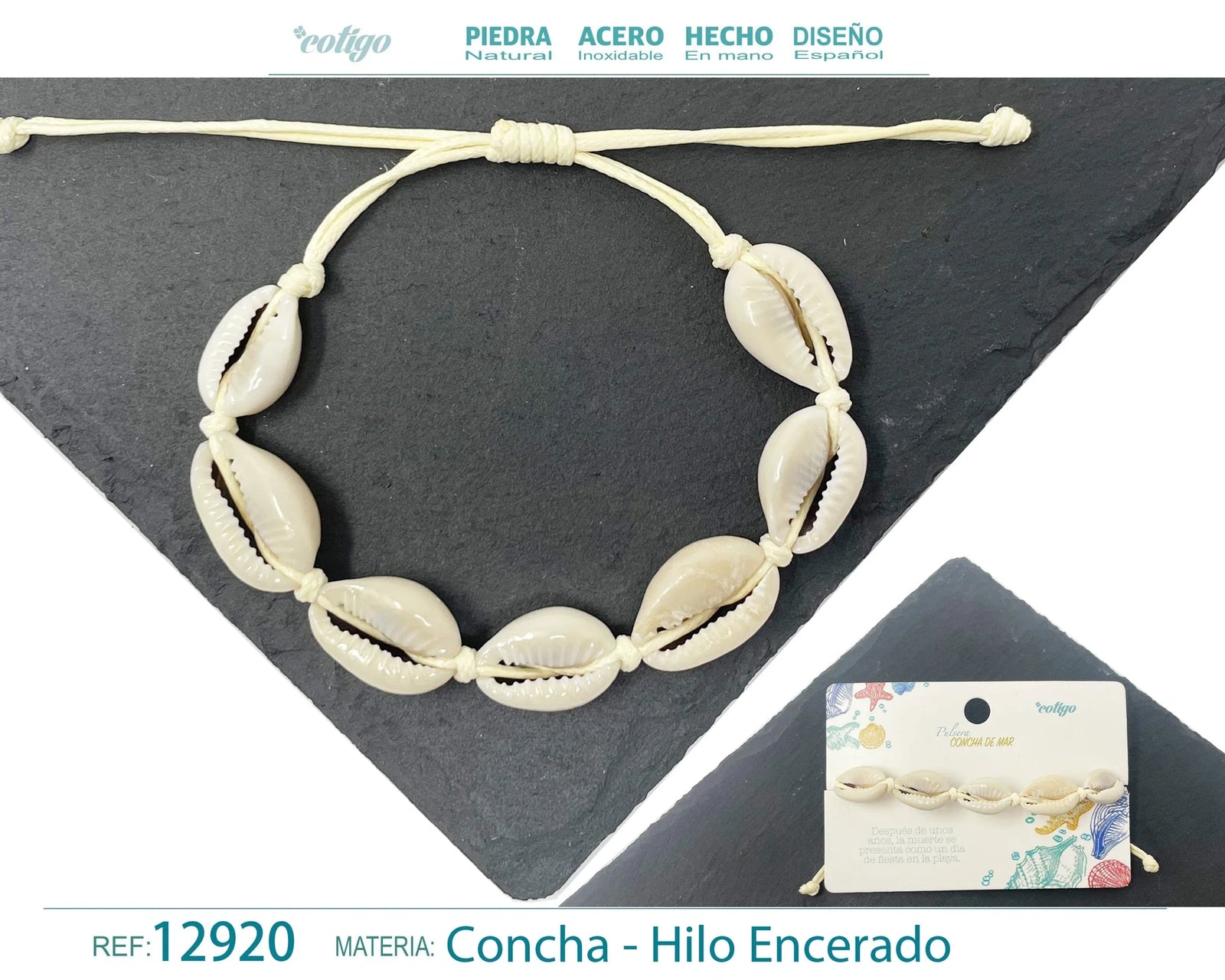 Pulsera Concha Hilo Encerado Blanco