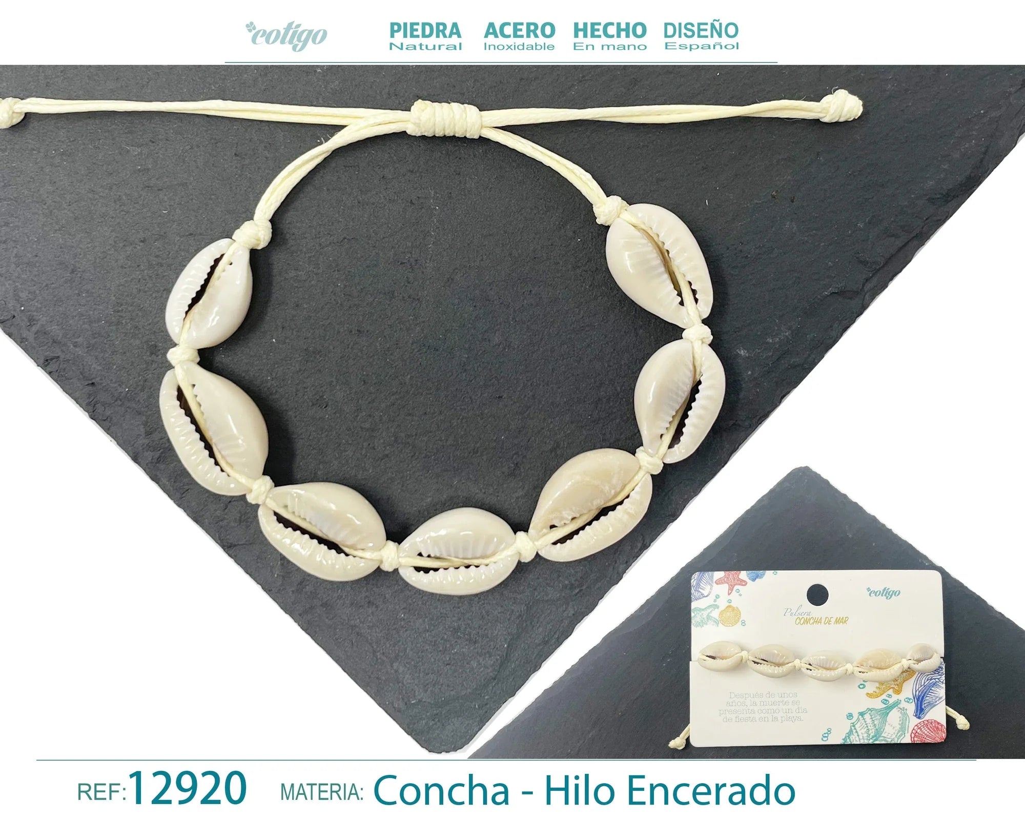 Pulsera Concha Hilo Encerado Blanco