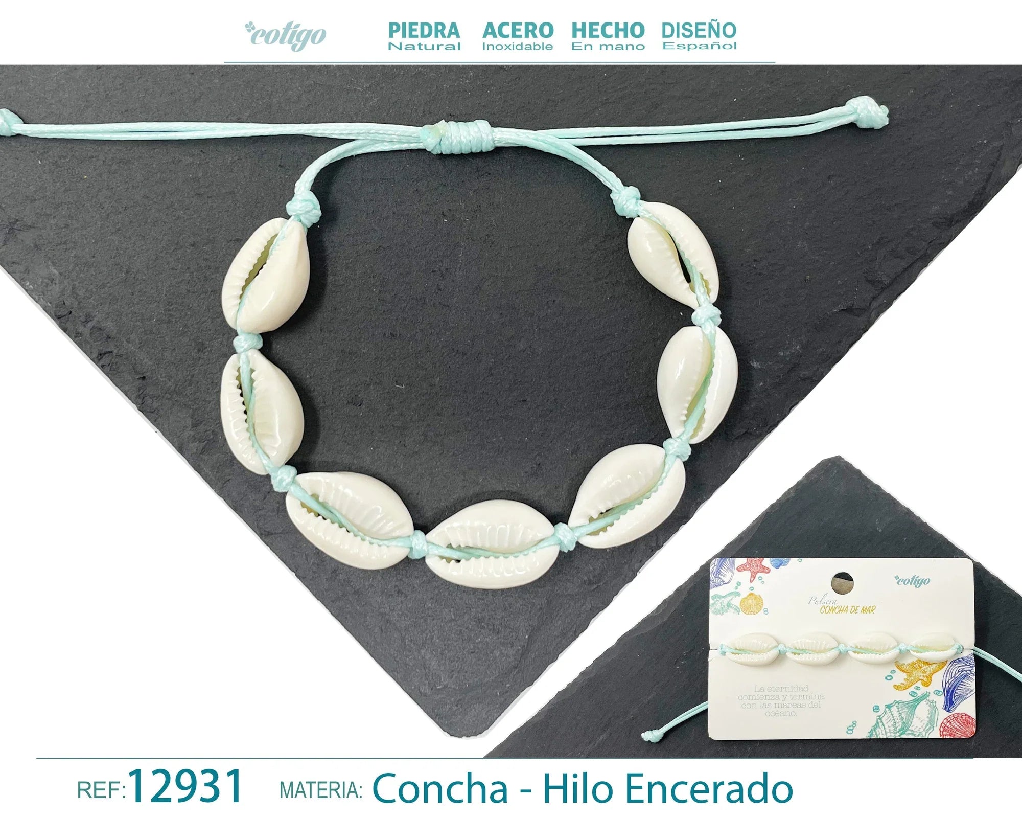 Pulsera Concha Hilo Encerado Celeste