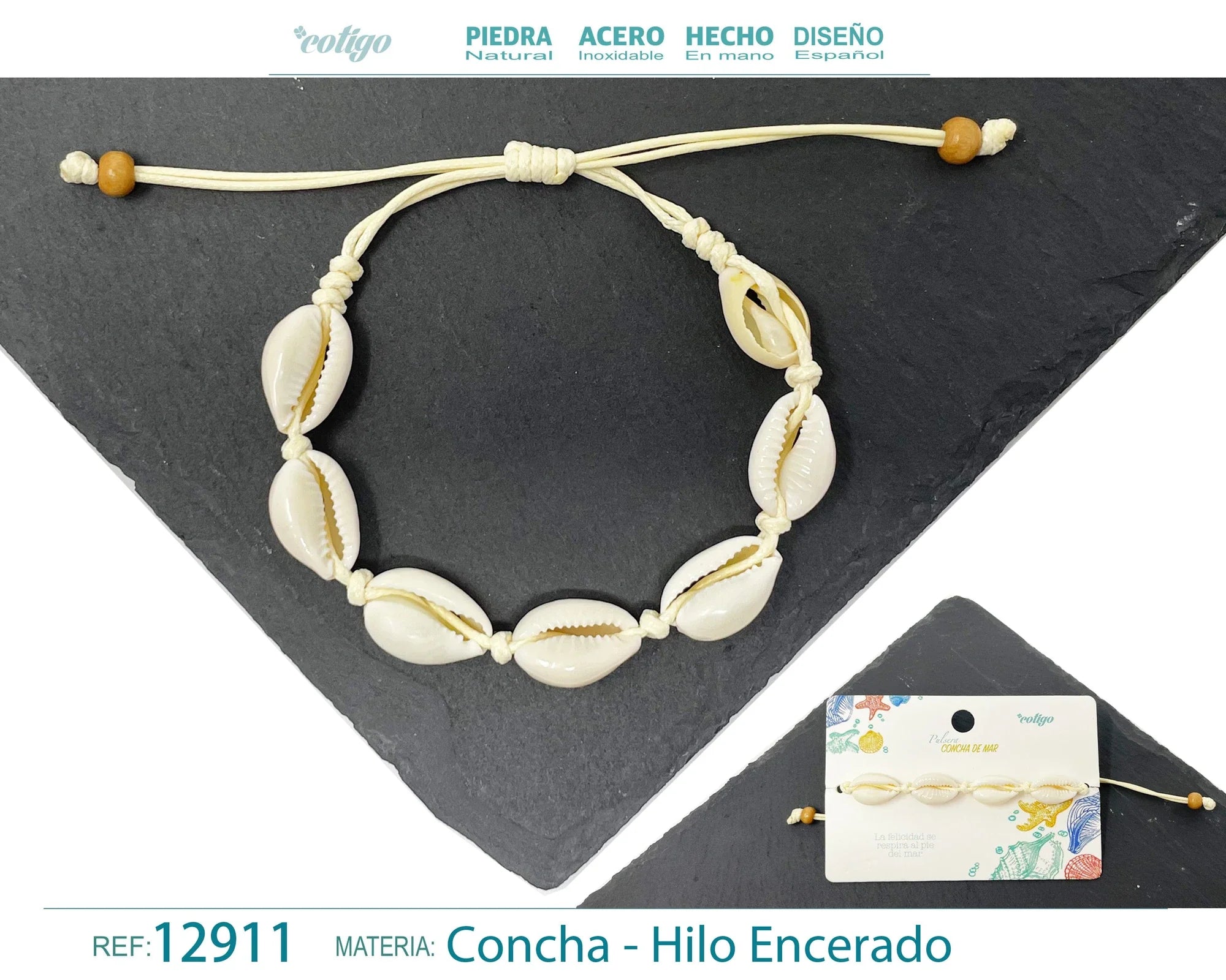 Pulsera Concha Hilo Encerado Crudo