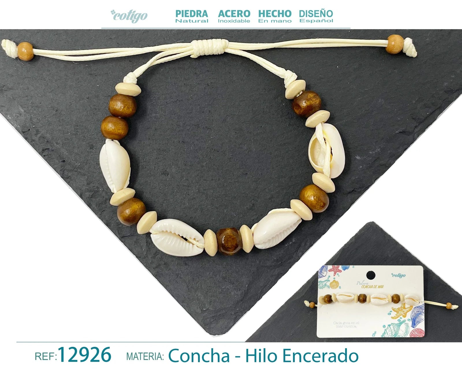 Pulsera Concha Hilo Encerado Cuentas Marrones