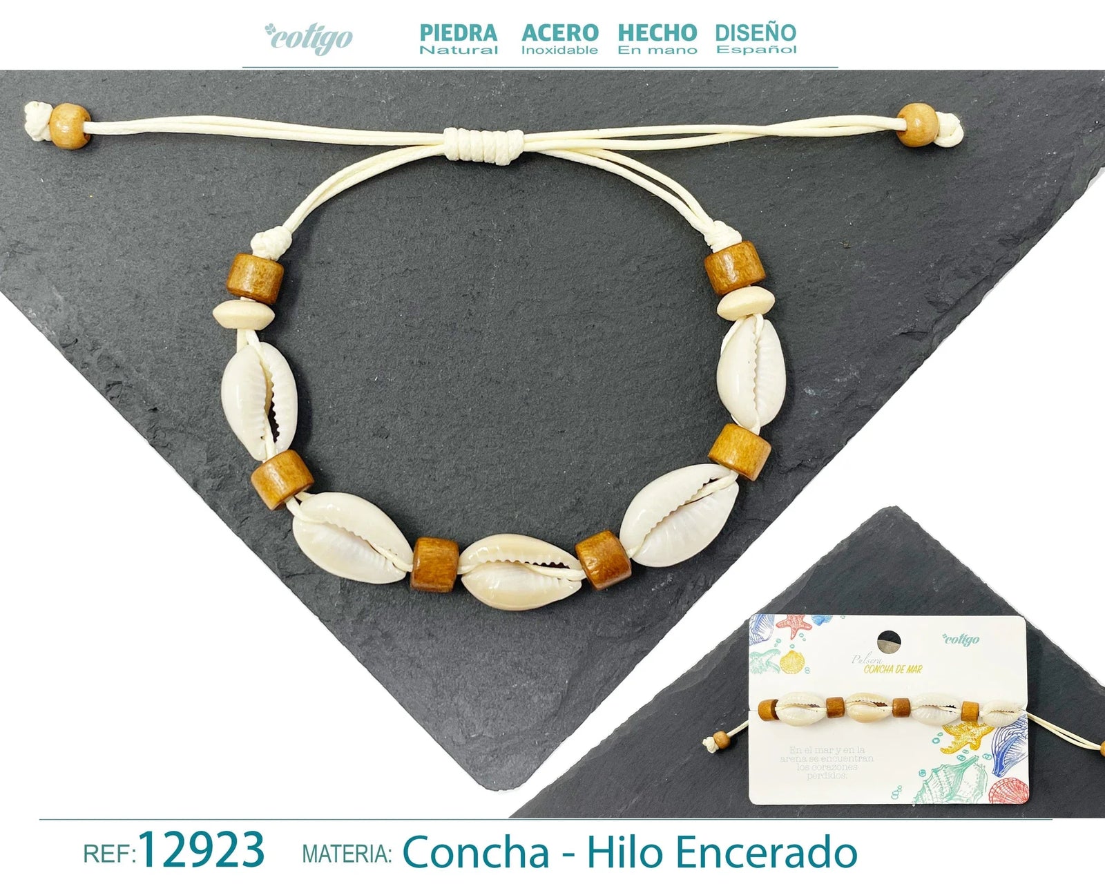 Pulsera Concha Hilo Encerado Cuentas Mostaza