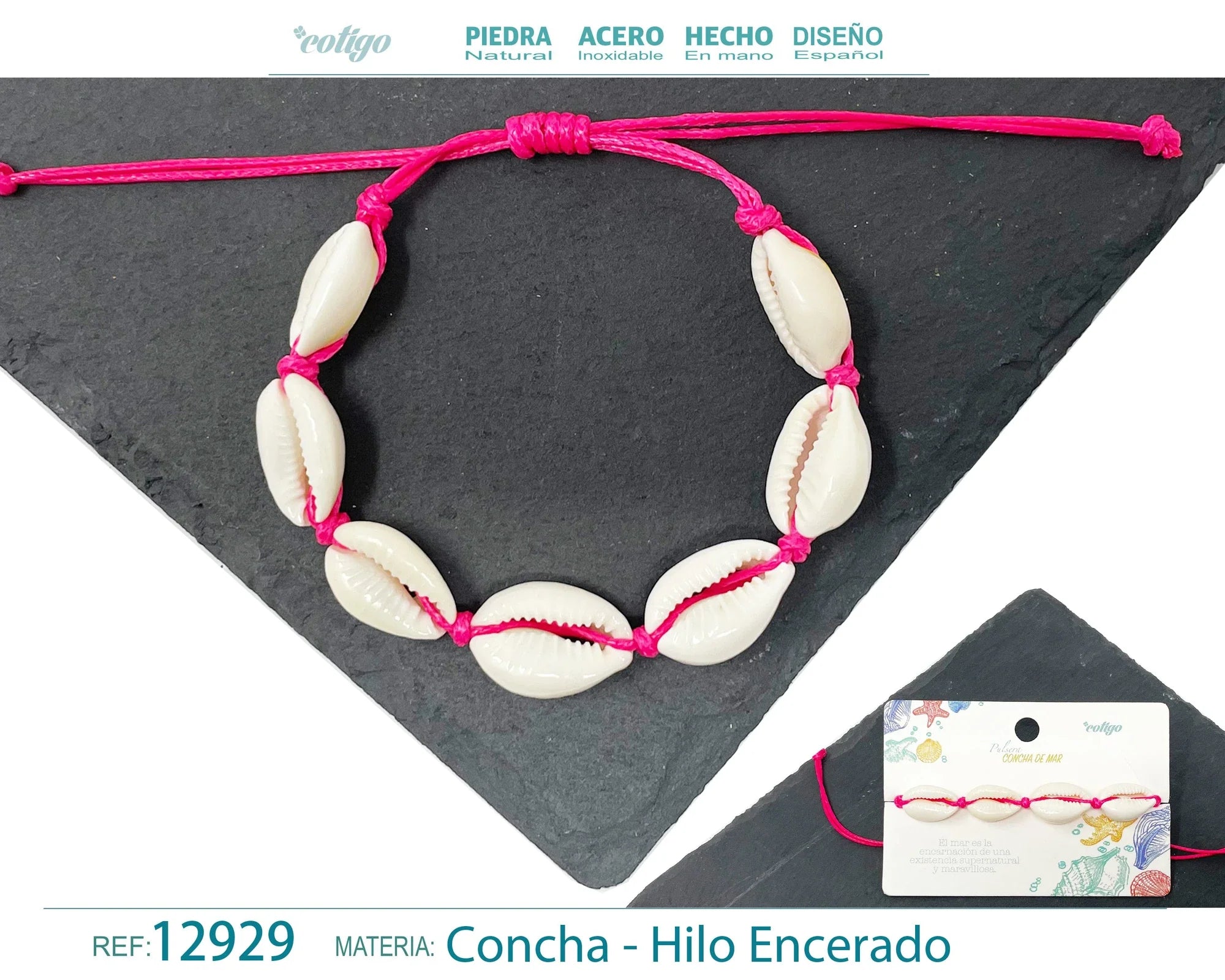 Pulsera Concha Hilo Encerado Fucsia