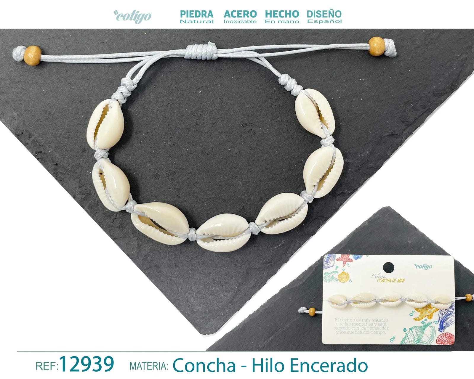 Pulsera Concha Hilo Encerado Gris Claro